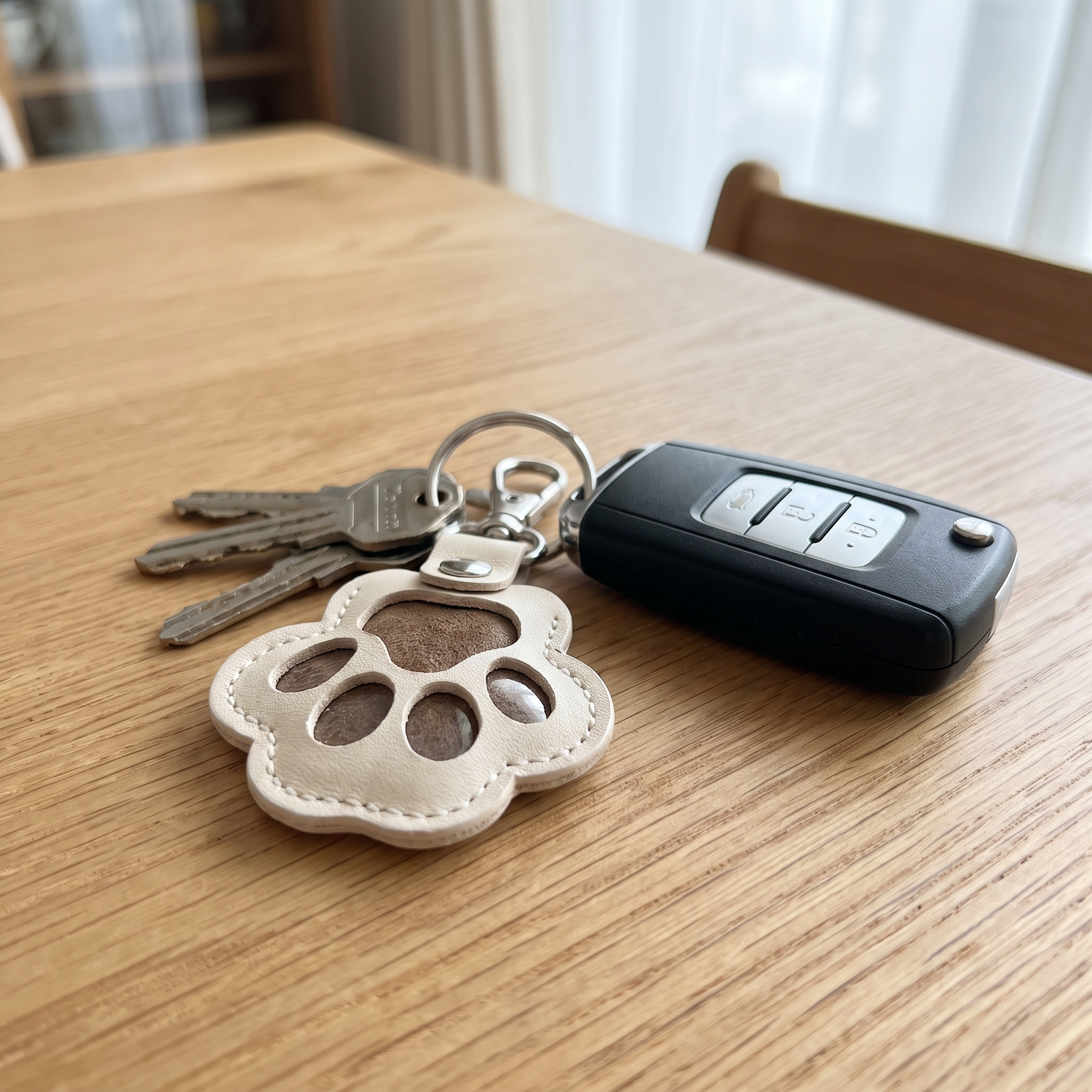 Leren sleutelhanger met pootafdruk aan een sleutelbos op een eikenhouten tafel