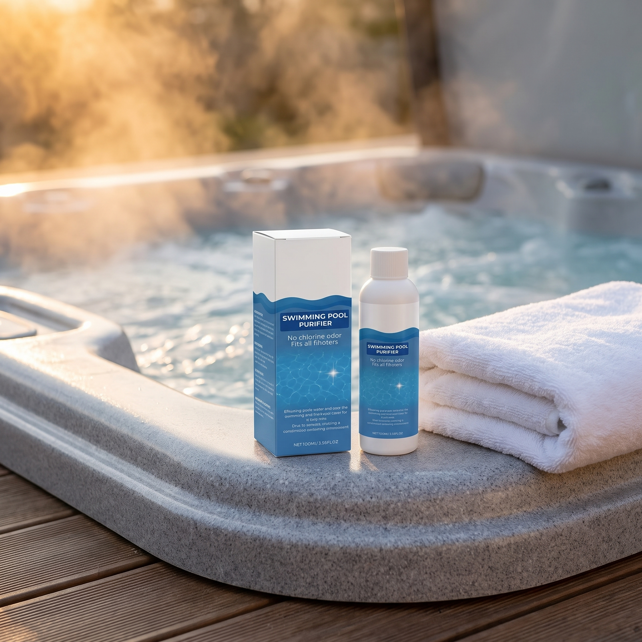 Flesje jacuzzi onderhoudsmiddel op de rand van een dampende hottub