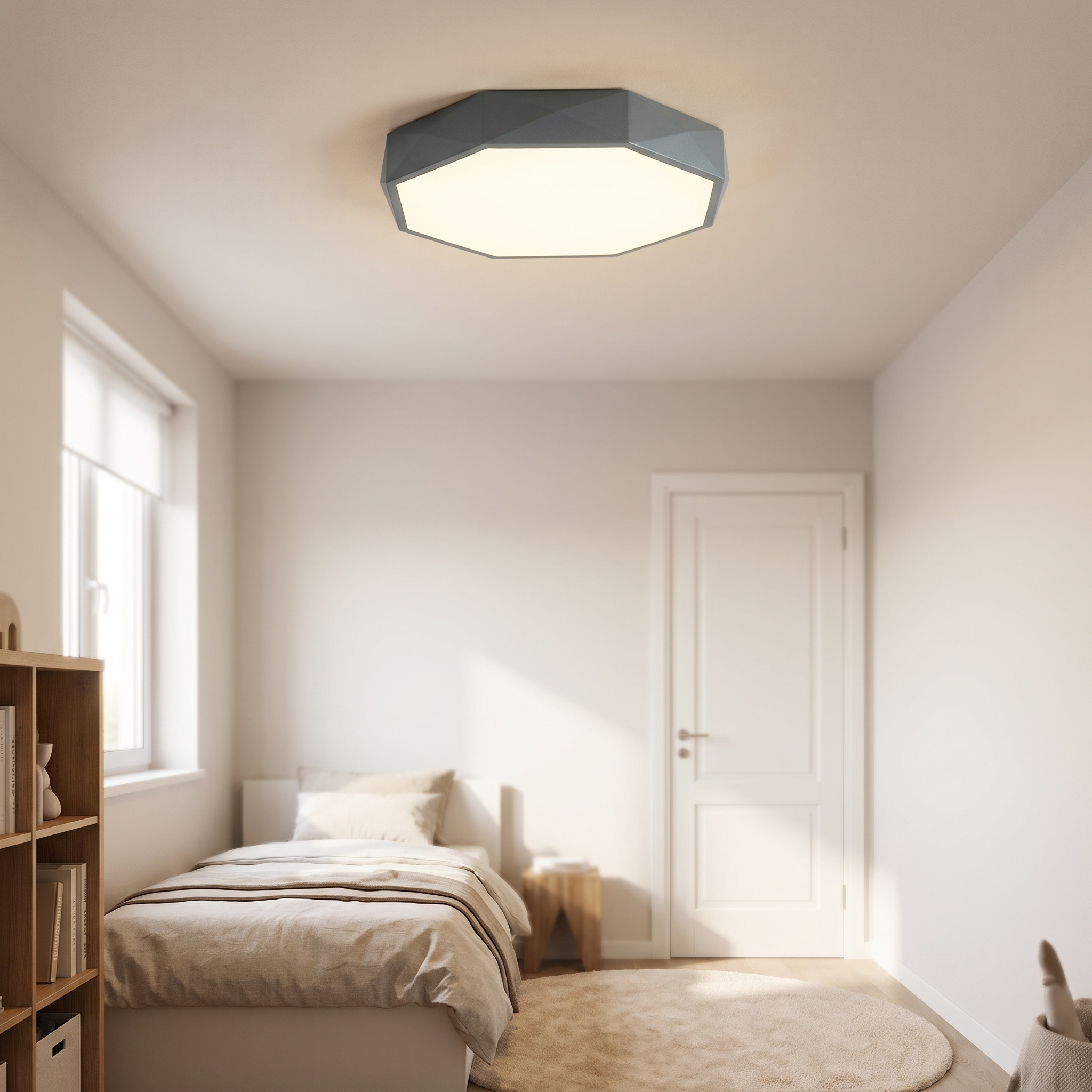 Plafondlamp van 30 cm aan het plafond van een lichte kinderkamer