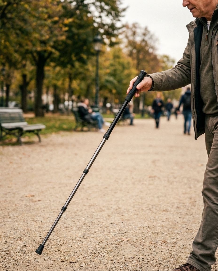 Automatische Zelfverdediging Wandelstok voor Wandelen en Stedelijke Veiligheid – Telescopisch Ontwerp met Anti-Slip Grip | Sansoti in gebruik