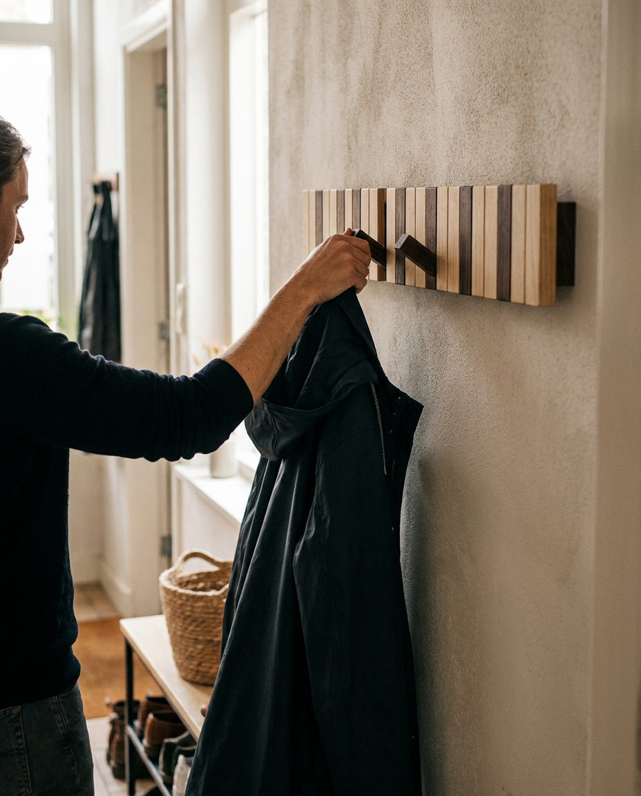 Wandkapstok Pianotoetsen Design Hout met Haken voor Gang Hal Kamer | Sansoti in gebruik