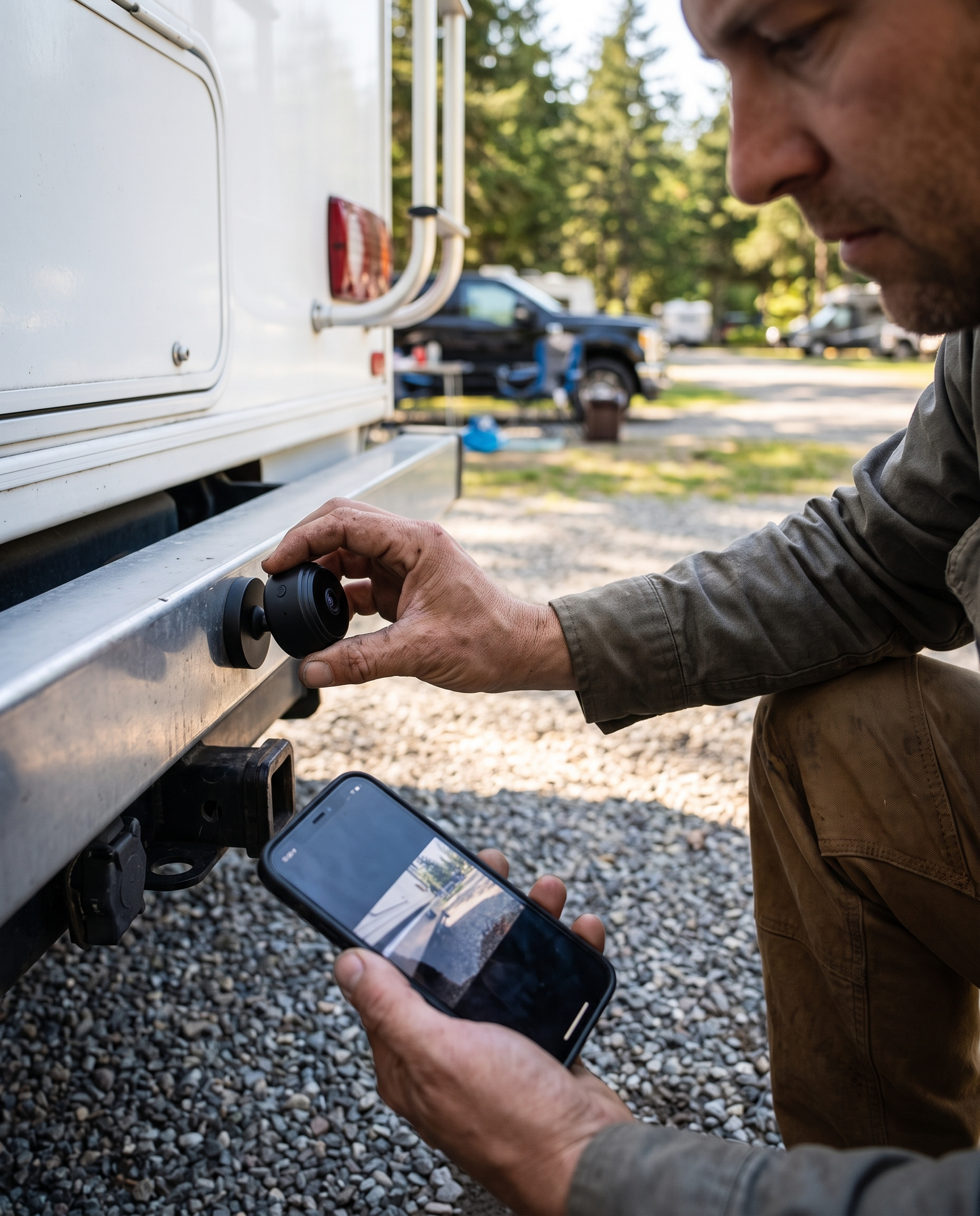 Draadloze Achteruitrijcamera Full HD 720P Zwart met Nachtzicht voor Camper, Caravan, Aanhanger, Vrachtwagen met App-Bediening en Magnetische Houder | Sansoti in gebruik