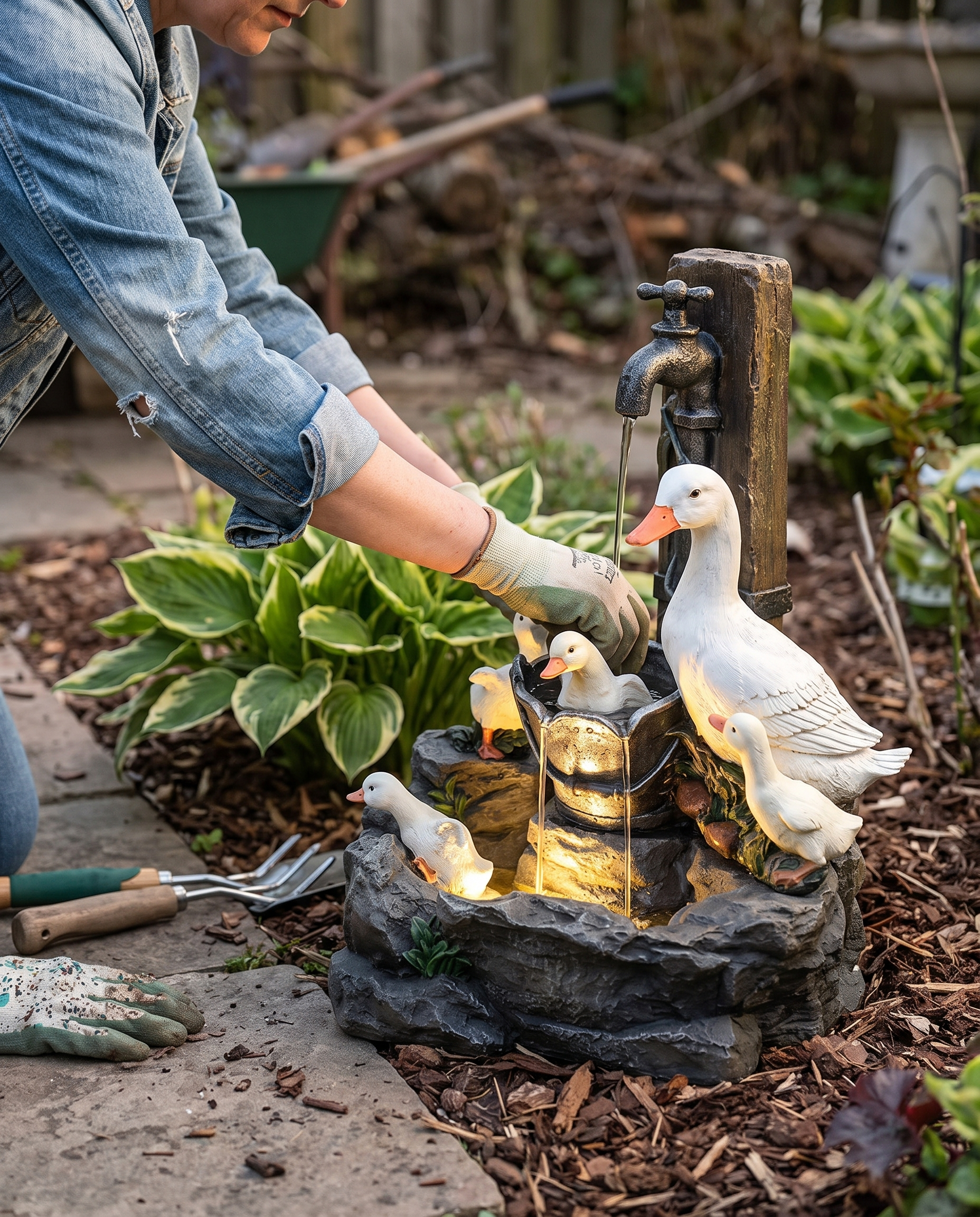 Dekorative Gartenfigur mit Fontäne und LED-Beleuchtung, Ente oder Eichhörnchen, wetterfestes Harz, Gartendekoration | Sansoti in Gebrauch