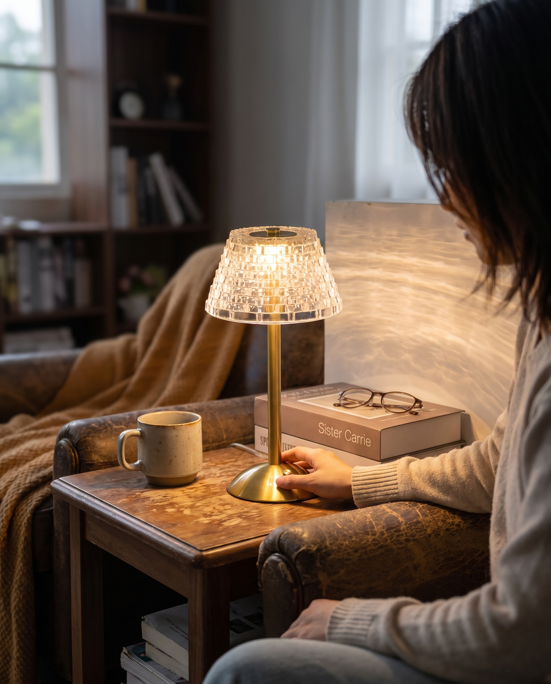 Draadloze Vintage Tafellamp met Glas – Oplaadbare Sfeerverlichting voor Woonkamer & Slaapkamer in gebruik