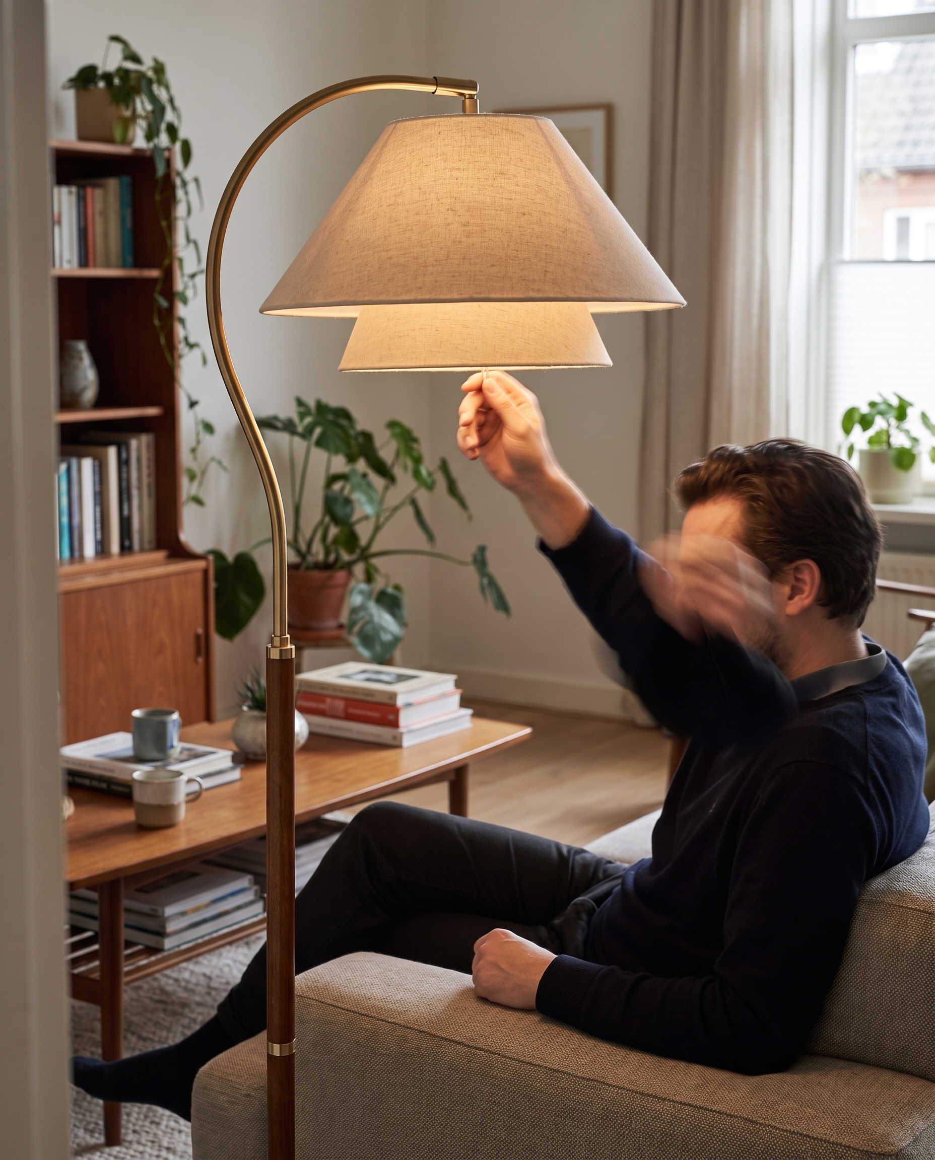 Luxe Vloerlamp met Dubbele Stoffen Kap en Houten Details – 155 cm Hoog Design Statement in gebruik