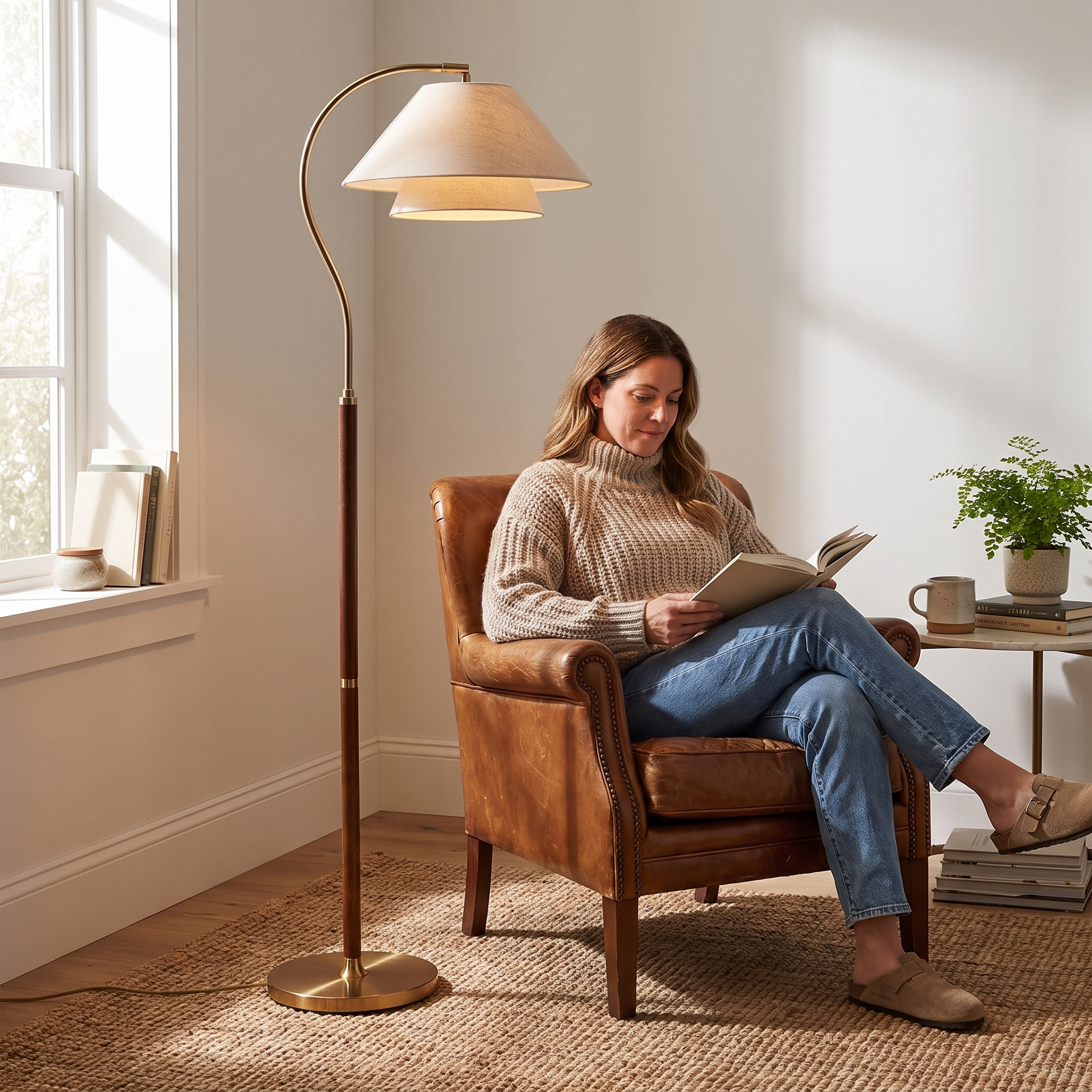 Luxe Vloerlamp met Dubbele Stoffen Kap en Houten Details – 155 cm Hoog Design Statement lifestyle