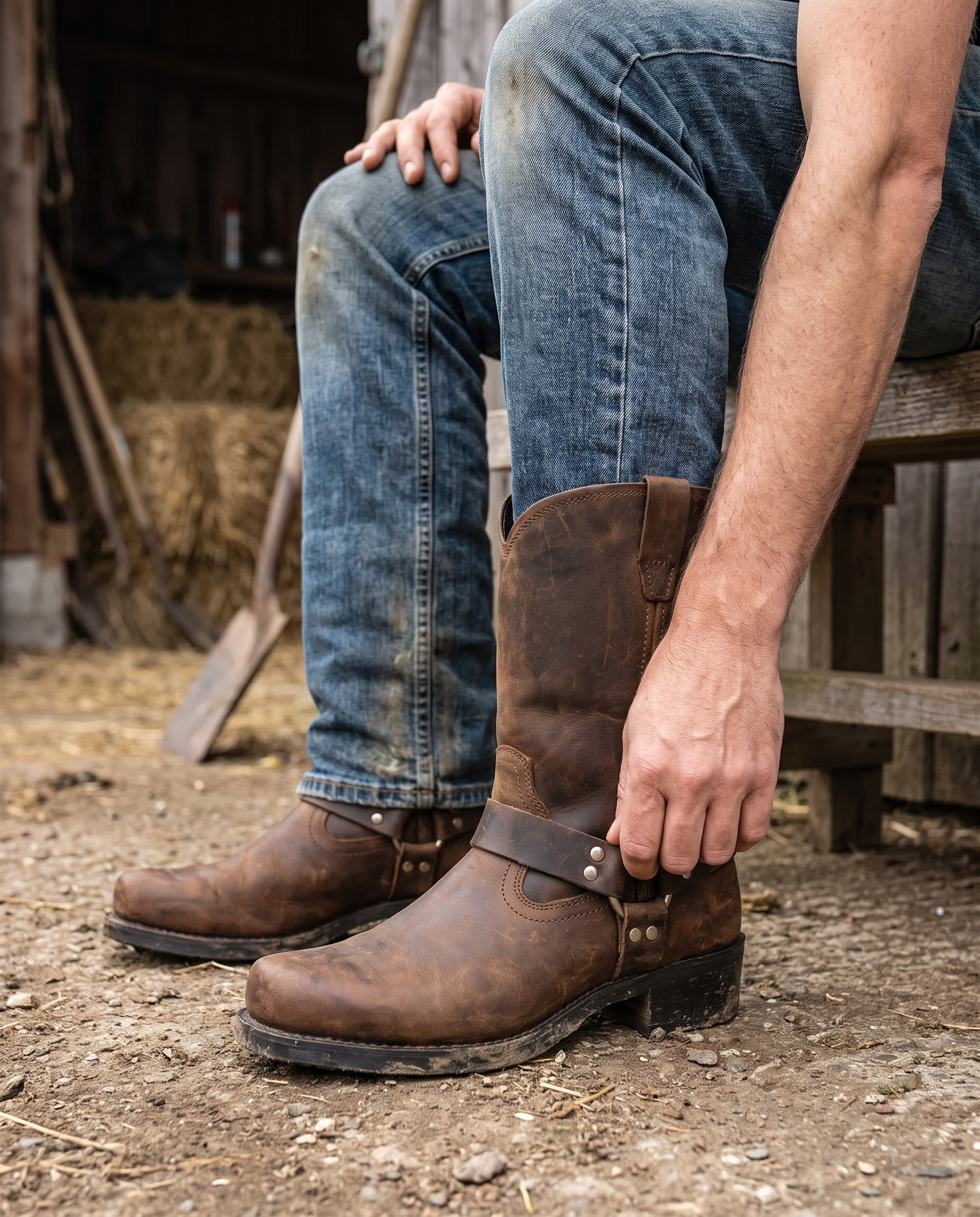 Vintage Western Laarzen Heren met Harness Gesp – Handgemaakt Leer Cognac Eiken Zwart in gebruik