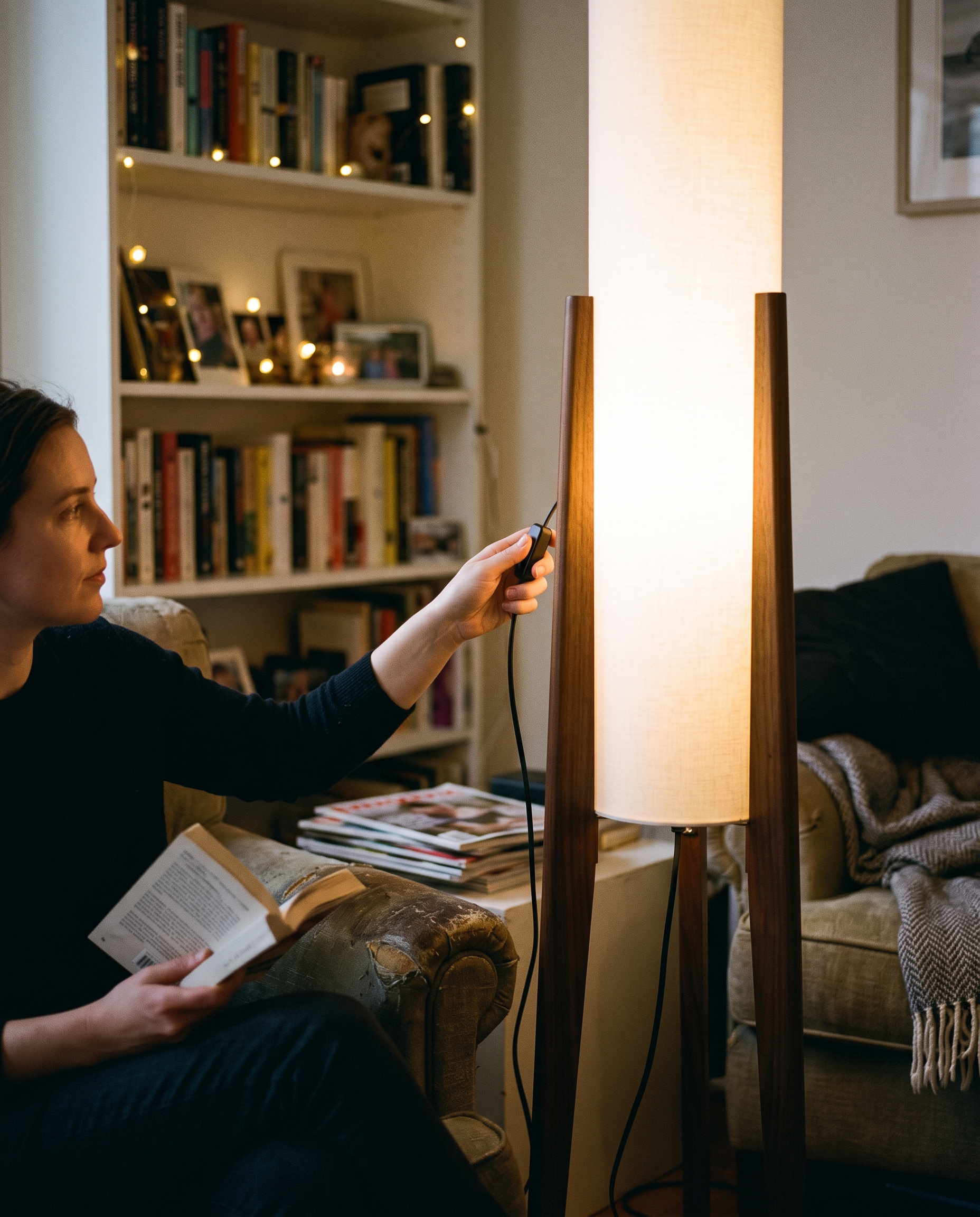 Vloerlamp Massief Walnoot Hout Scandinavisch Retro Stoffen Kap Led E27 12W Woonkamer Slaapkamer in gebruik