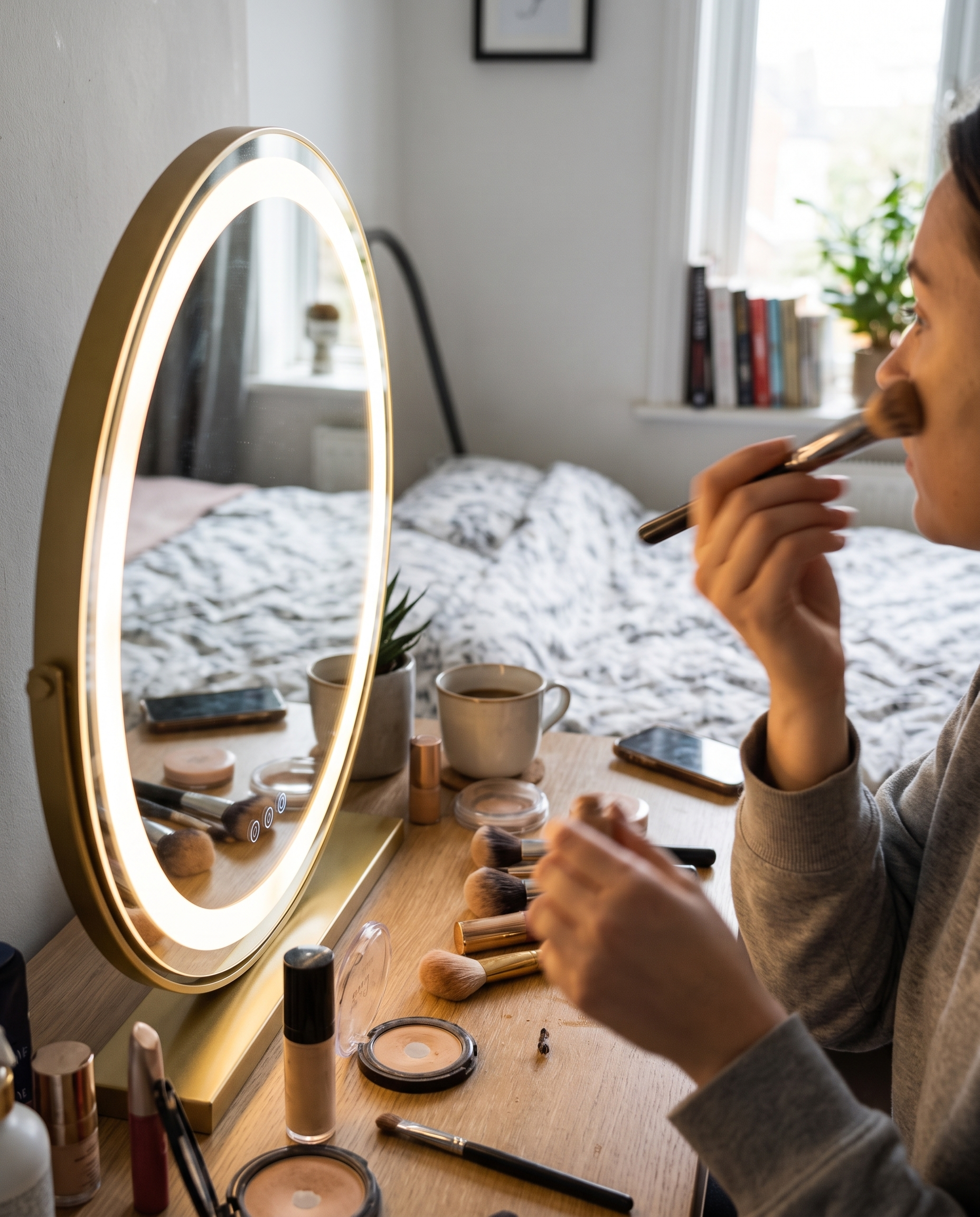 LED Make-up Spiegel Rond Met Verlichting Dimbaar 40-50-60cm in gebruik