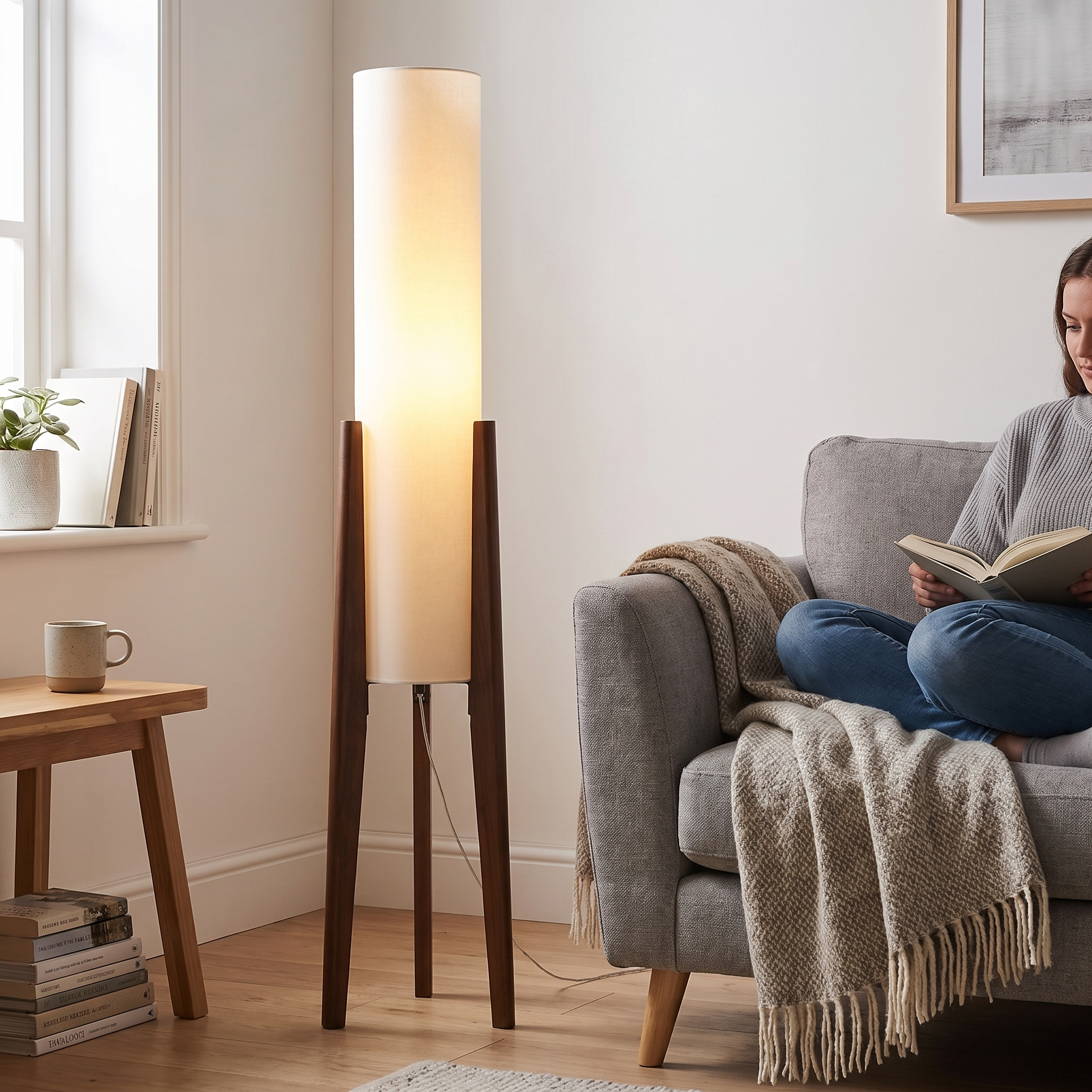 Vloerlamp Massief Walnoot Hout Scandinavisch Retro Stoffen Kap Led E27 12W Woonkamer Slaapkamer lifestyle