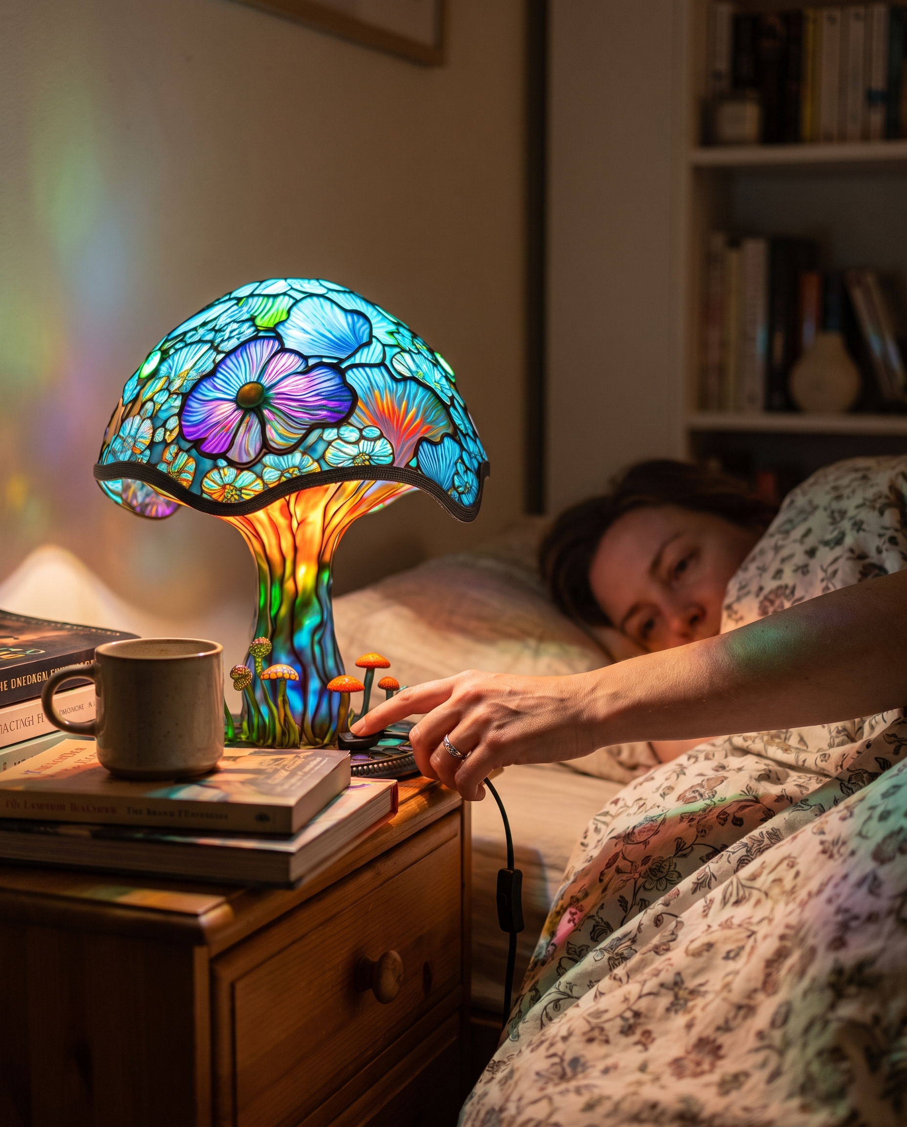 Paddenstoel Tafellamp Glas-In-Lood Look Hars Kleurrijk Sfeerlamp Kinderkamer Woonkamer in gebruik