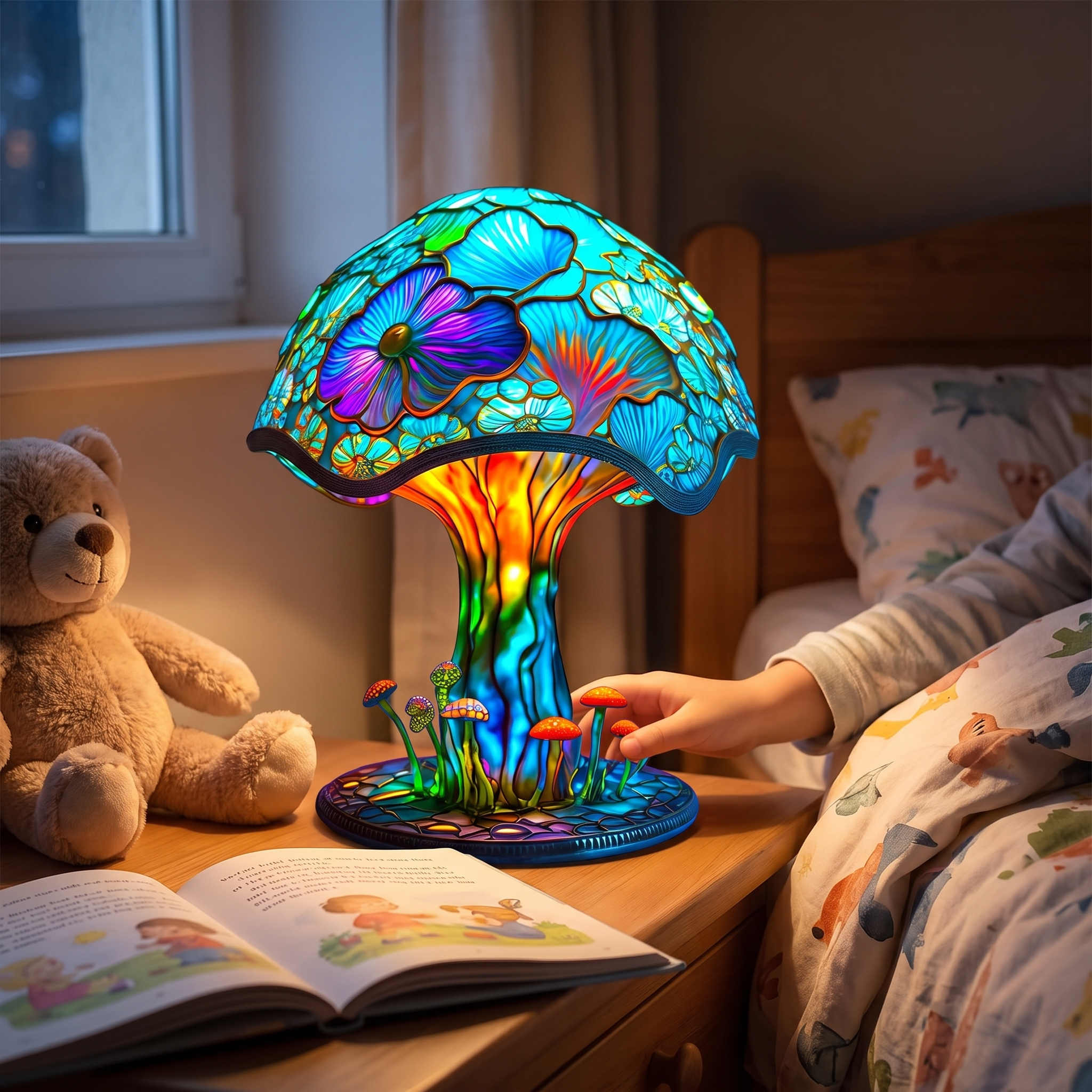 Paddenstoel Tafellamp Glas-In-Lood Look Hars Kleurrijk Sfeerlamp Kinderkamer Woonkamer lifestyle