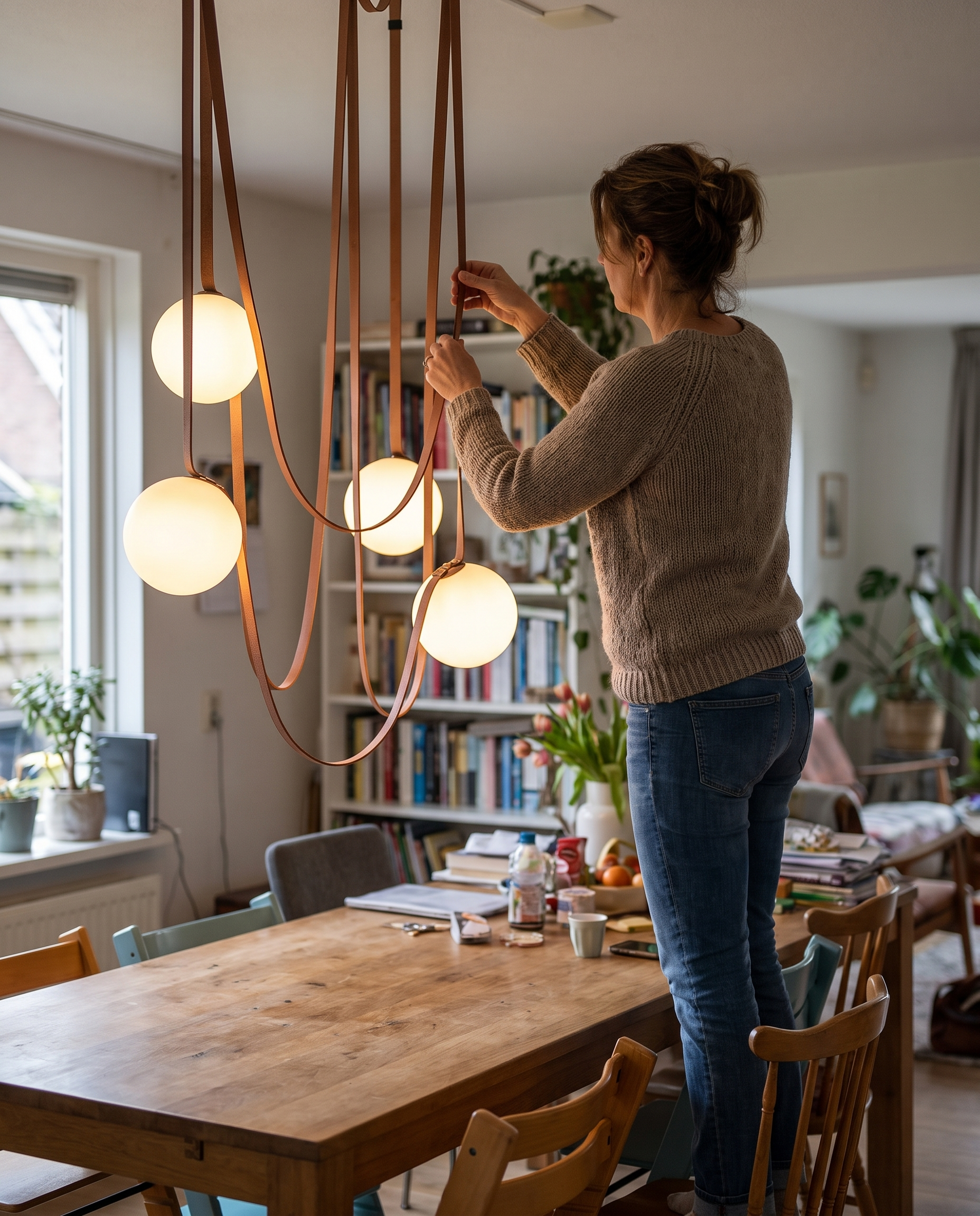 Hanglamp Leer Glas Bollen Luxe Verstelbaar Warm Wit Woonkamer Eetkamer in gebruik