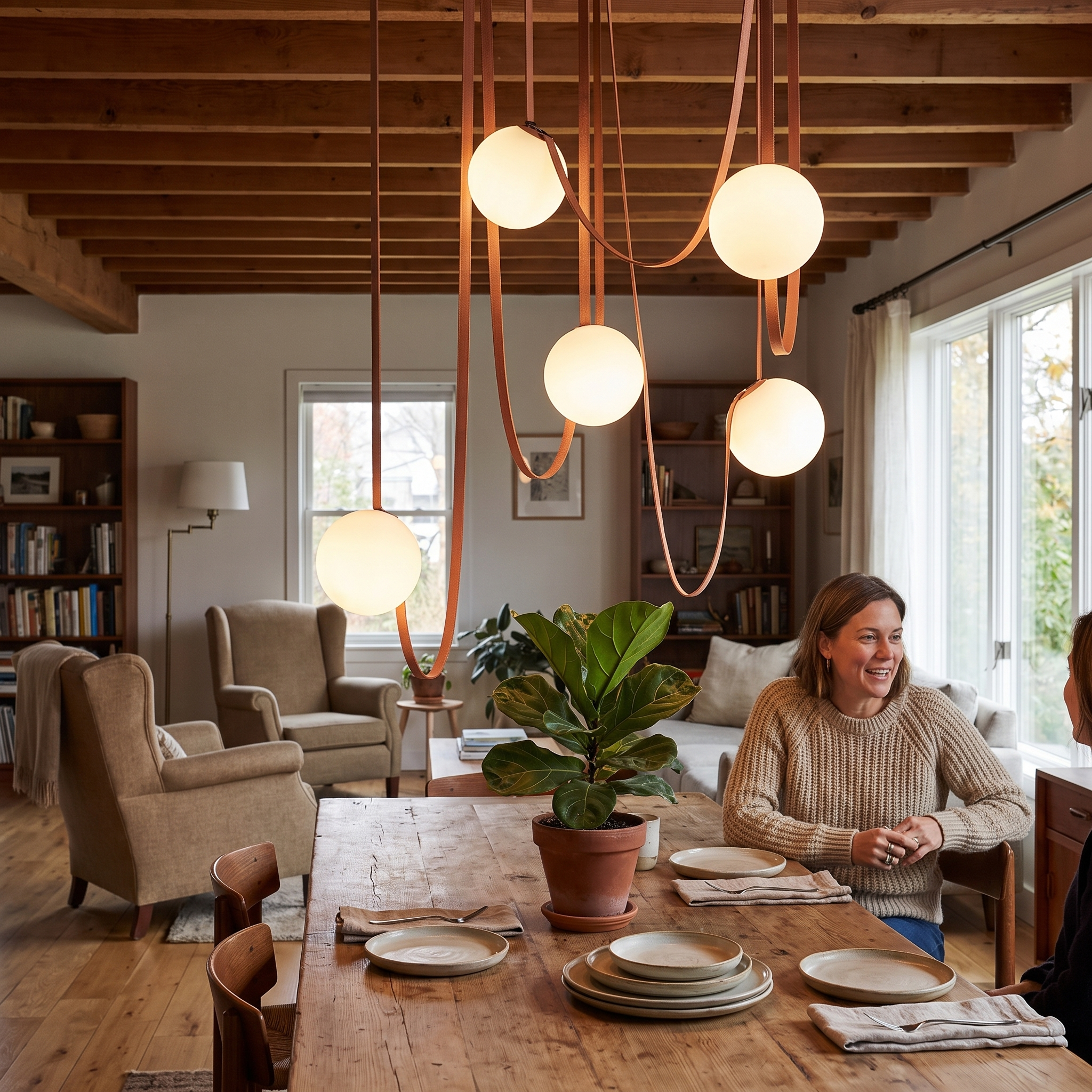 Hanglamp Leer Glas Bollen Luxe Verstelbaar Warm Wit Woonkamer Eetkamer lifestyle