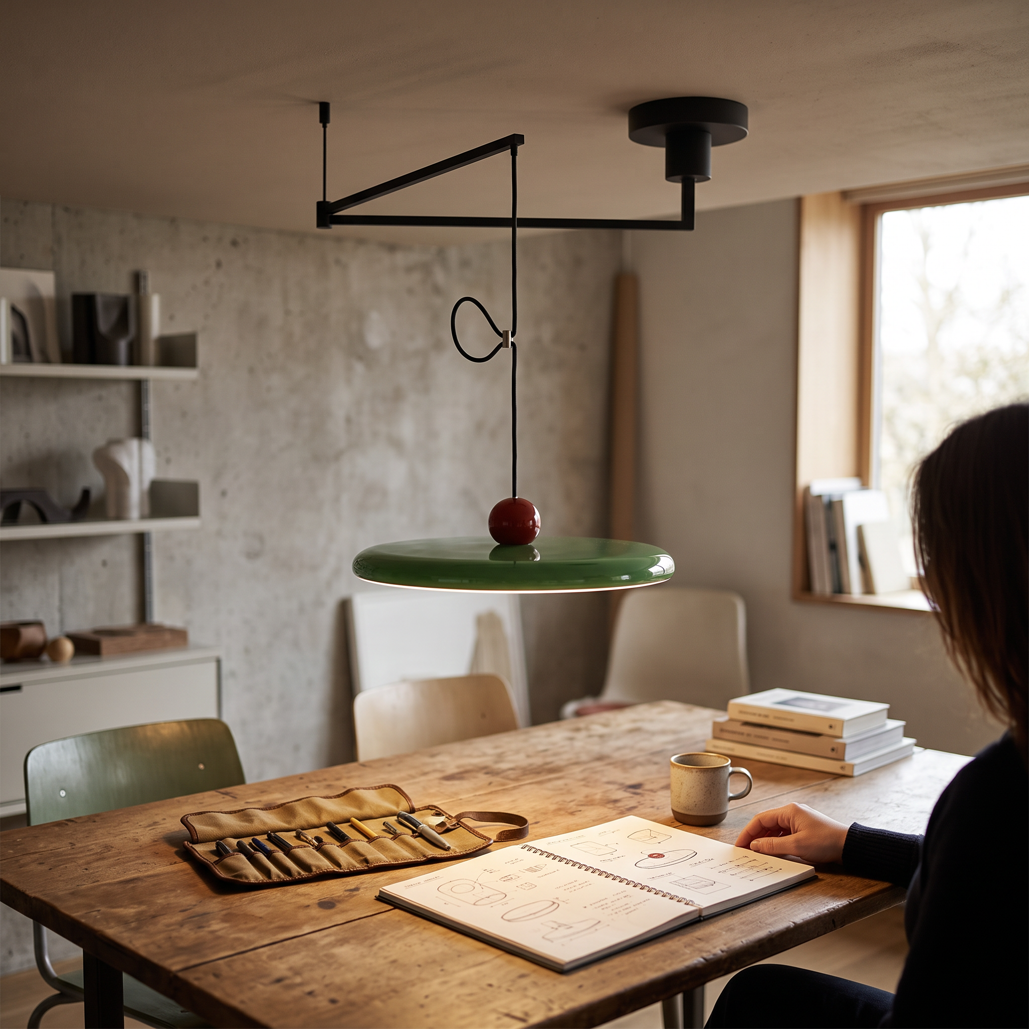 Mid-Century Swing Hanglamp — Kinetisch Design met Zwevende Schijf & Contragewicht lifestyle