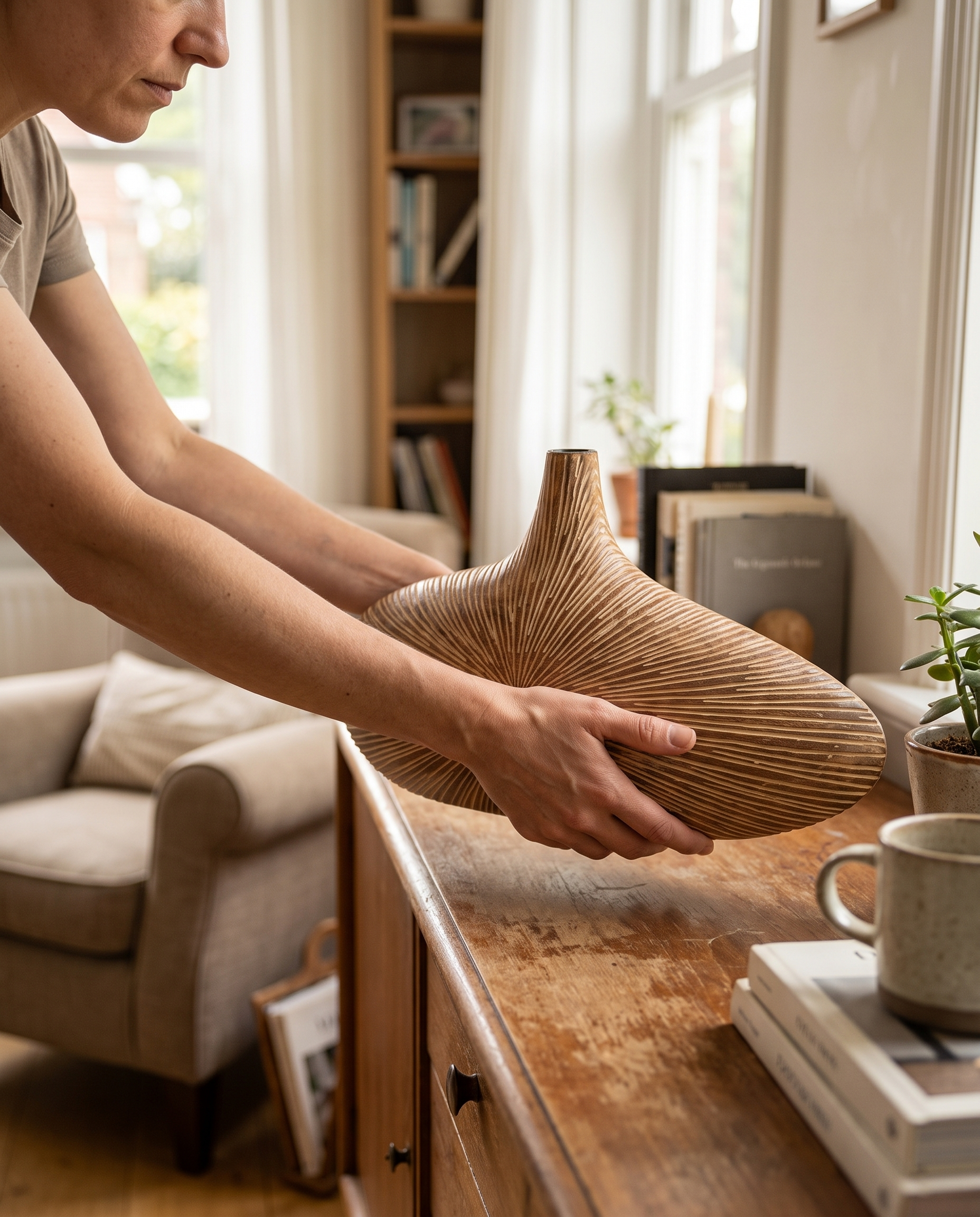 Organische Houten Schaalvaas Medium 21x36cm Scandinavische Woondecoratie in gebruik