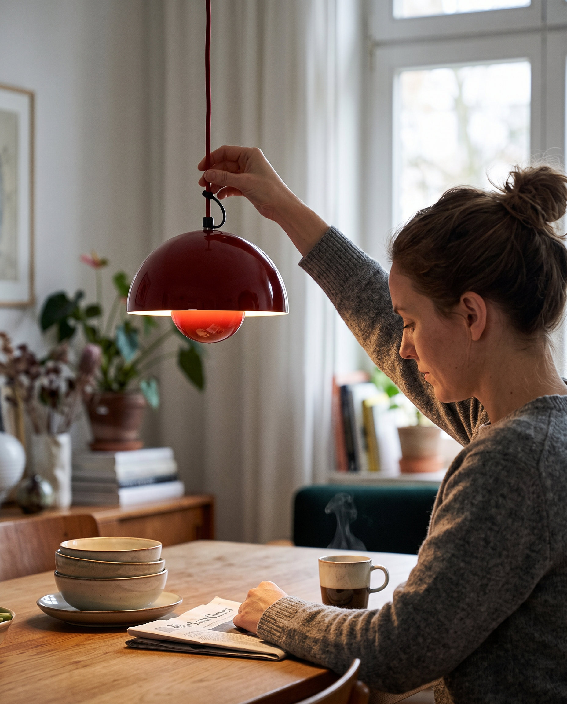 Scandinavische Hanglamp Halfrond Metalen Kap 1-Lichtpunt Modern Design Eetkamer Woonkamer in gebruik
