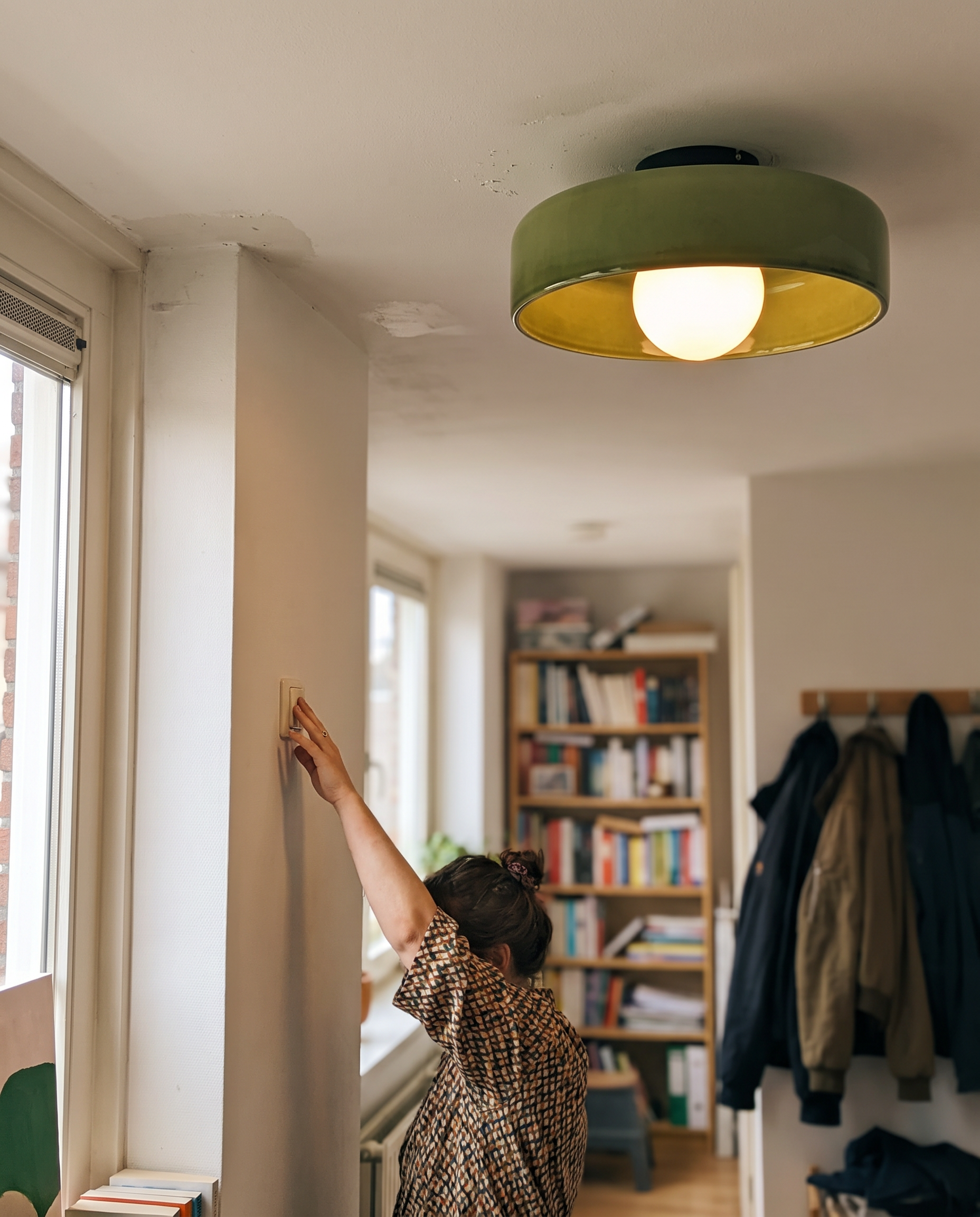 Glazen Plafondlamp Scandinavische Stijl Groen Geel Wit in gebruik