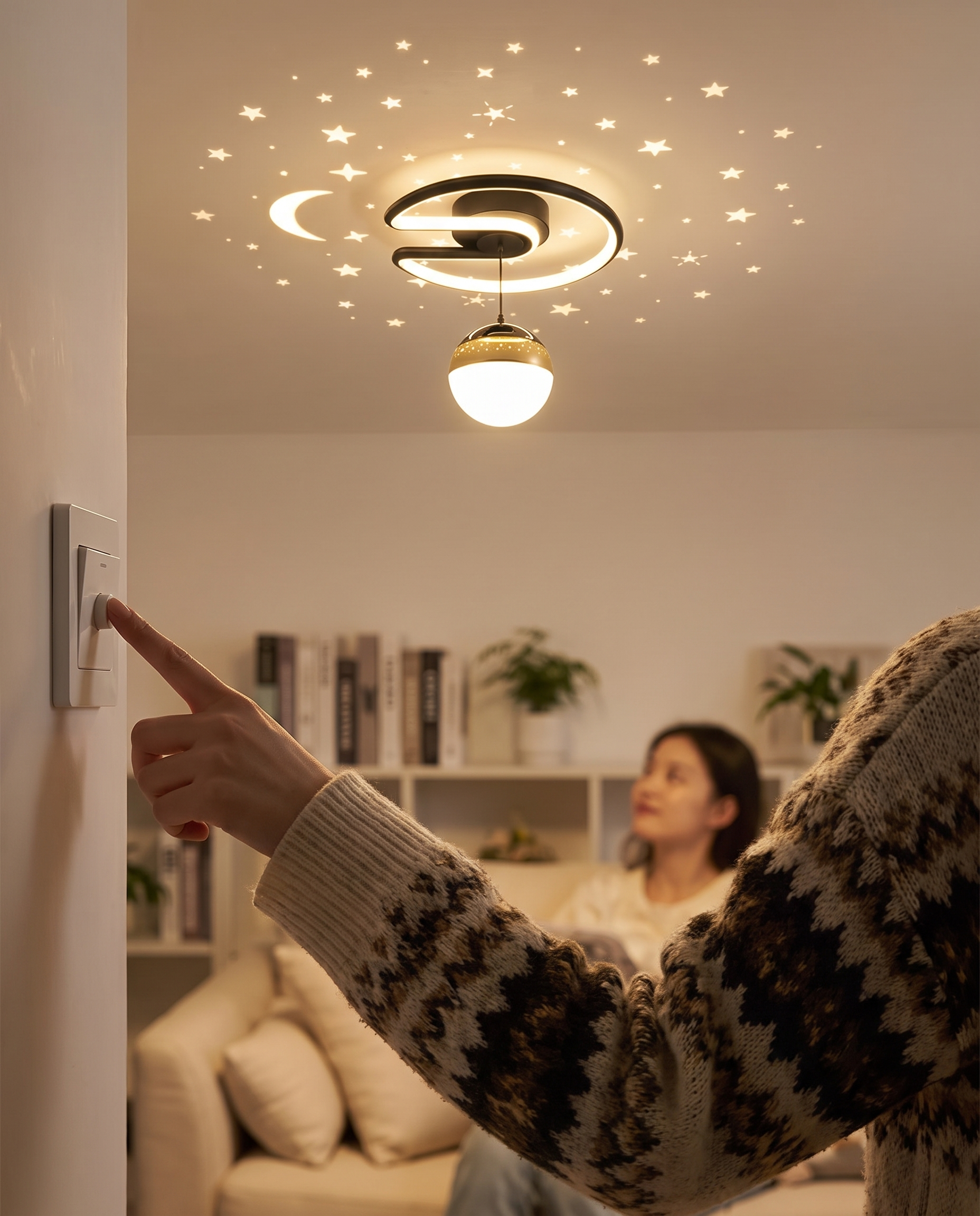 Dimbare LED plafondlamp met sterrenhemel effect in gebruik