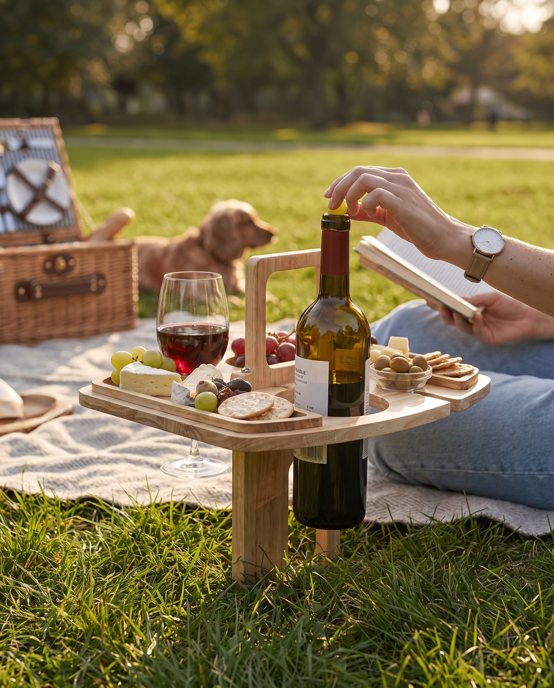 Houten Wijntafel voor Picknick & Aperitief in gebruik