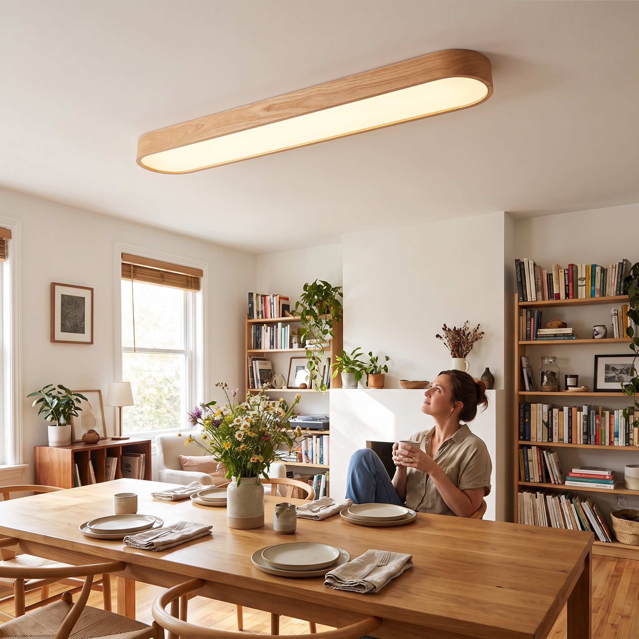 Plafondlamp Ovaal LED Houtlook Metaal 65-90cm Warm Wit Koel Wit Woonkamer Slaapkamer lifestyle
