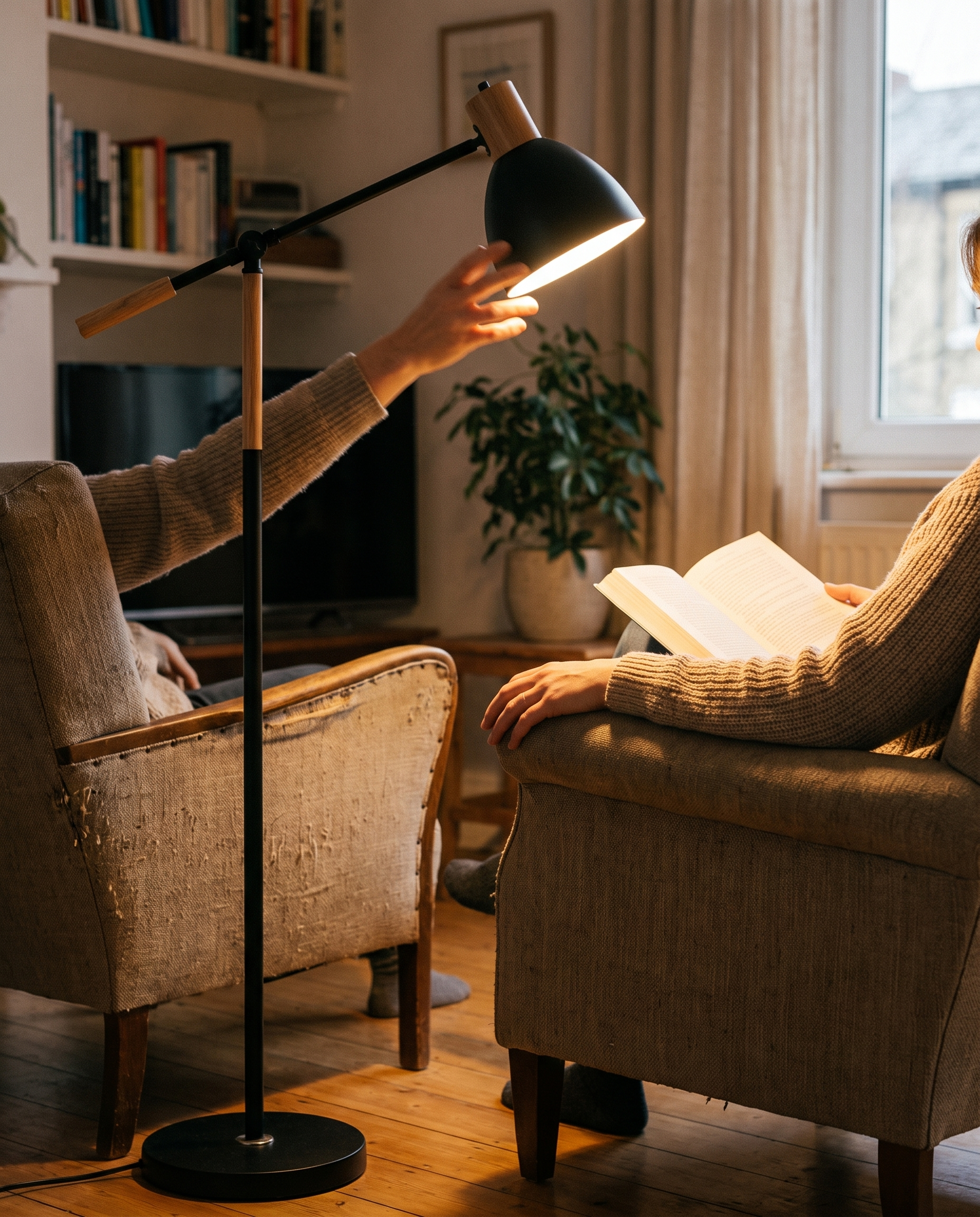 Vloerlamp Scandinavisch Verstelbaar Hout Metaal Minimalistisch Leeslamp 160cm in gebruik