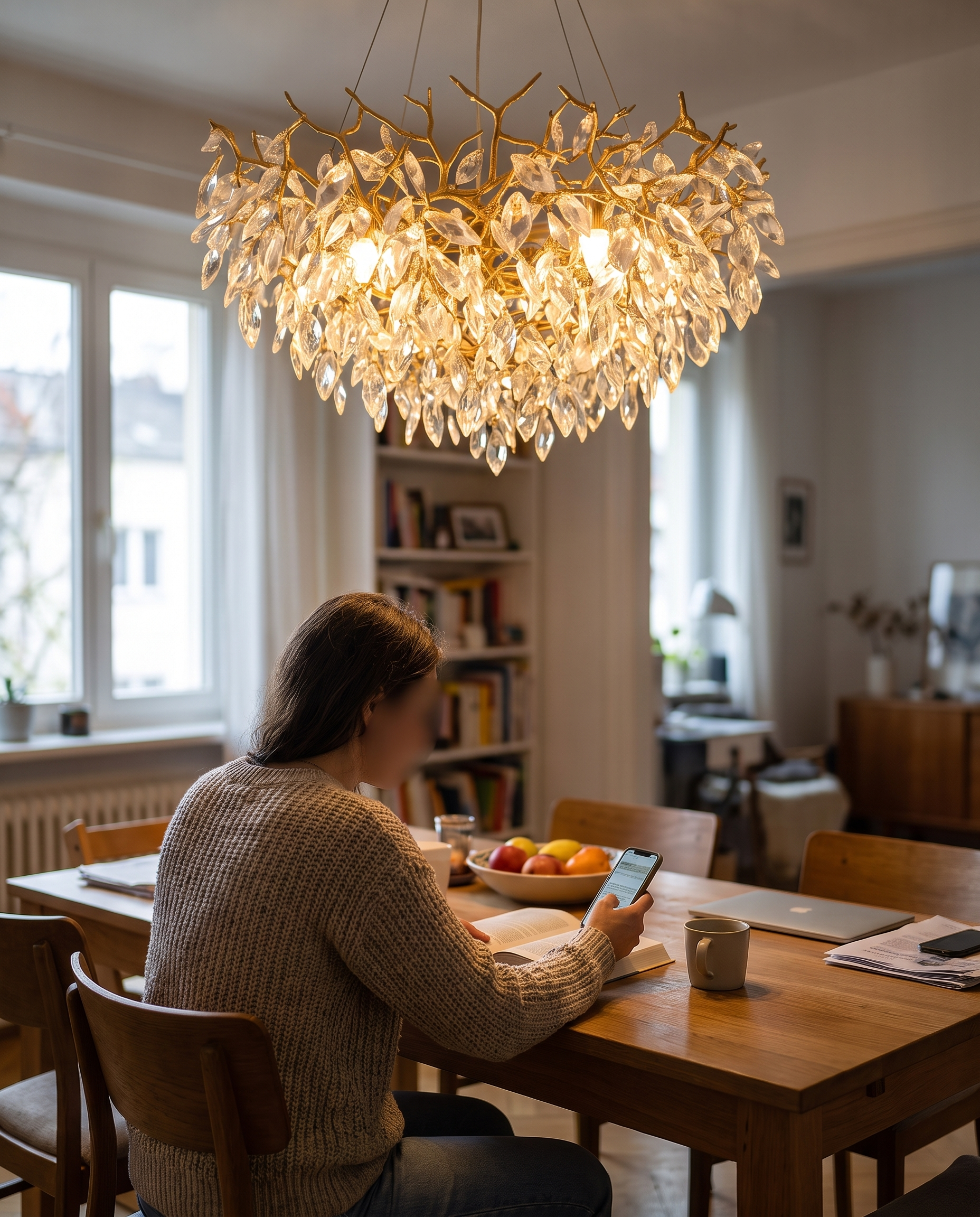 Ronde kristallen kroonluchter Ø80 cm kristal aluminium goud eetkamer plafondlamp in gebruik