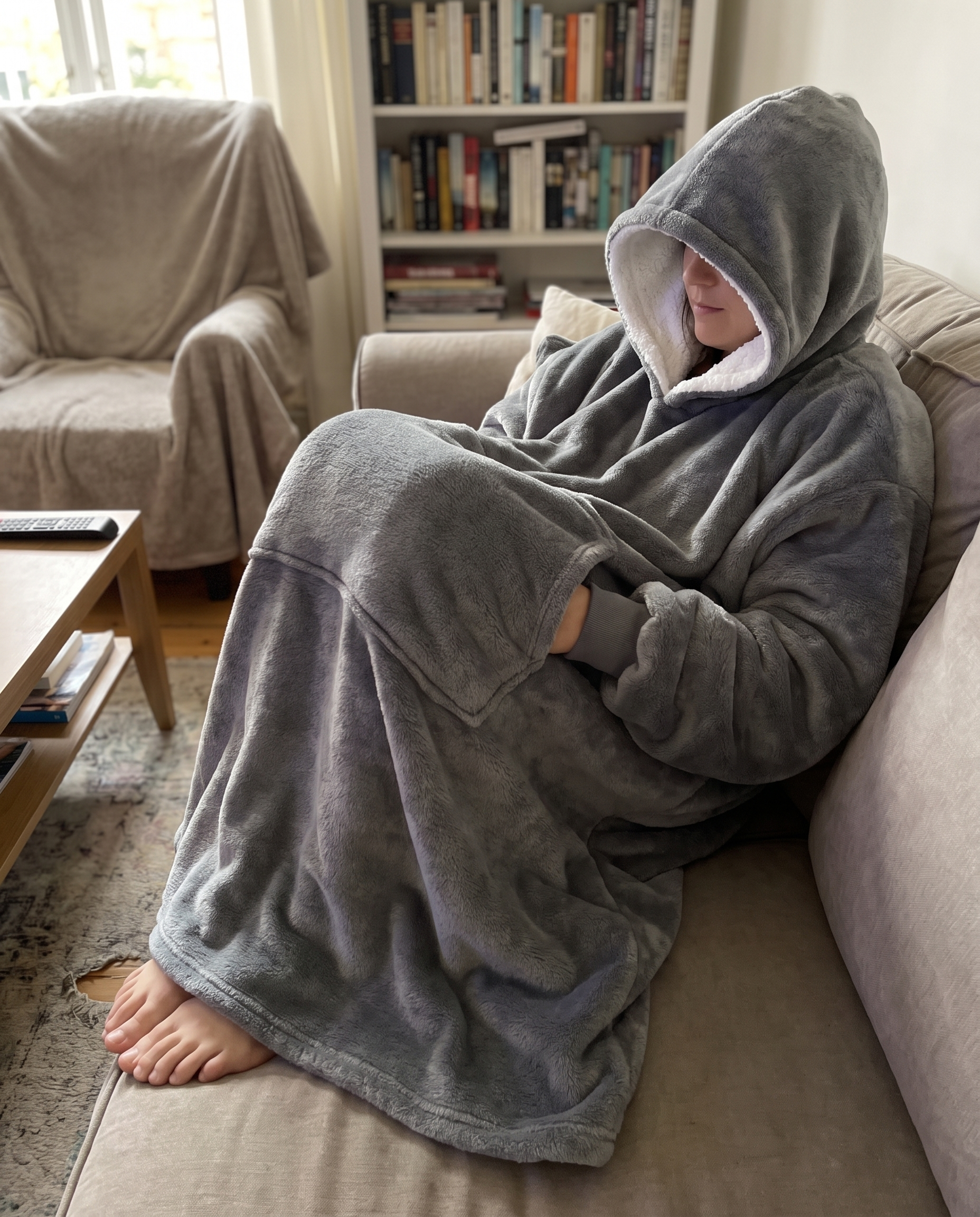 Draagbare Hoodie Deken met Mouwen en Capuchon Warm Fleece in gebruik
