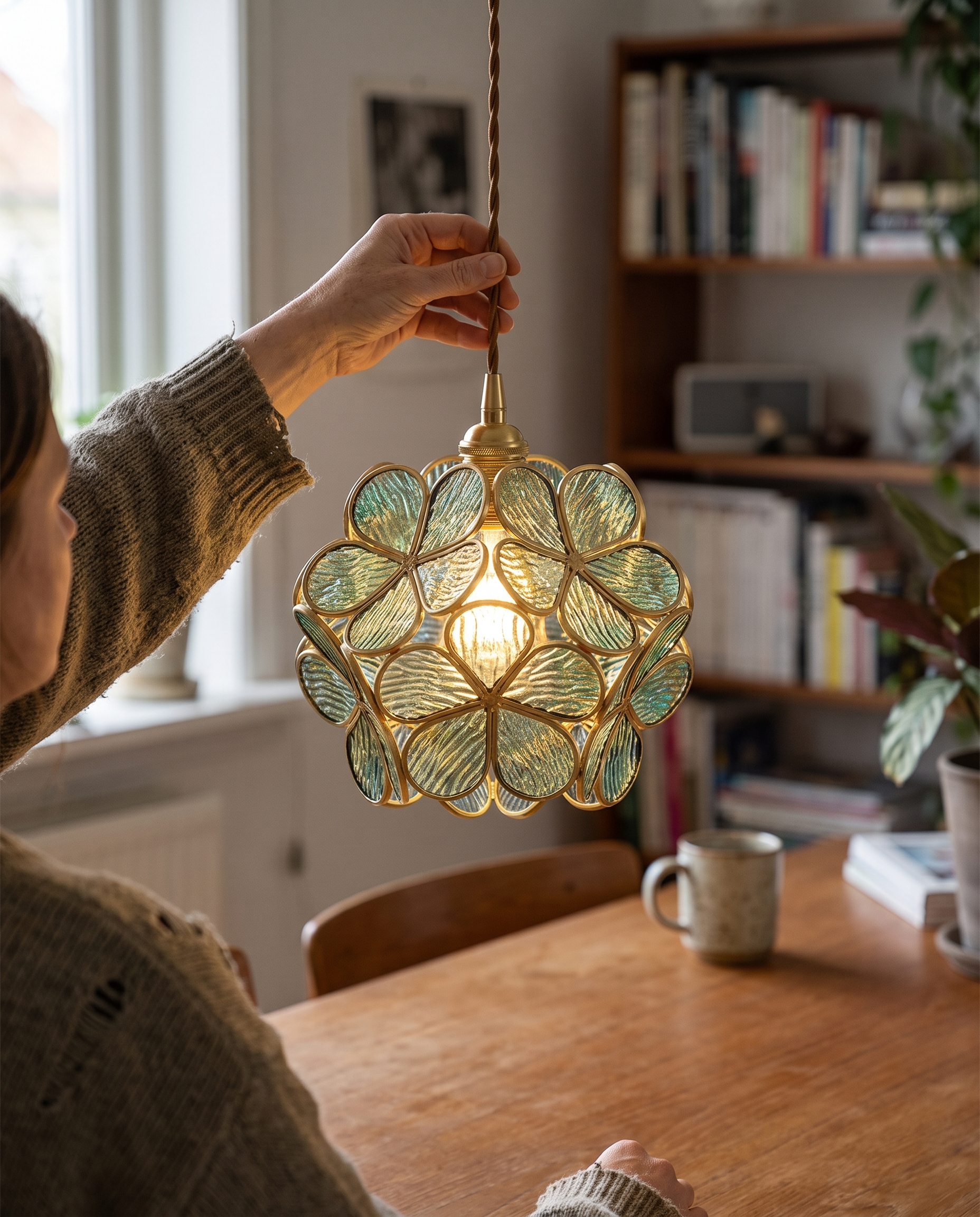 Floyem Flower Hanglamp Glas Messing Goud E27 Eettafel Slaapkamer in gebruik