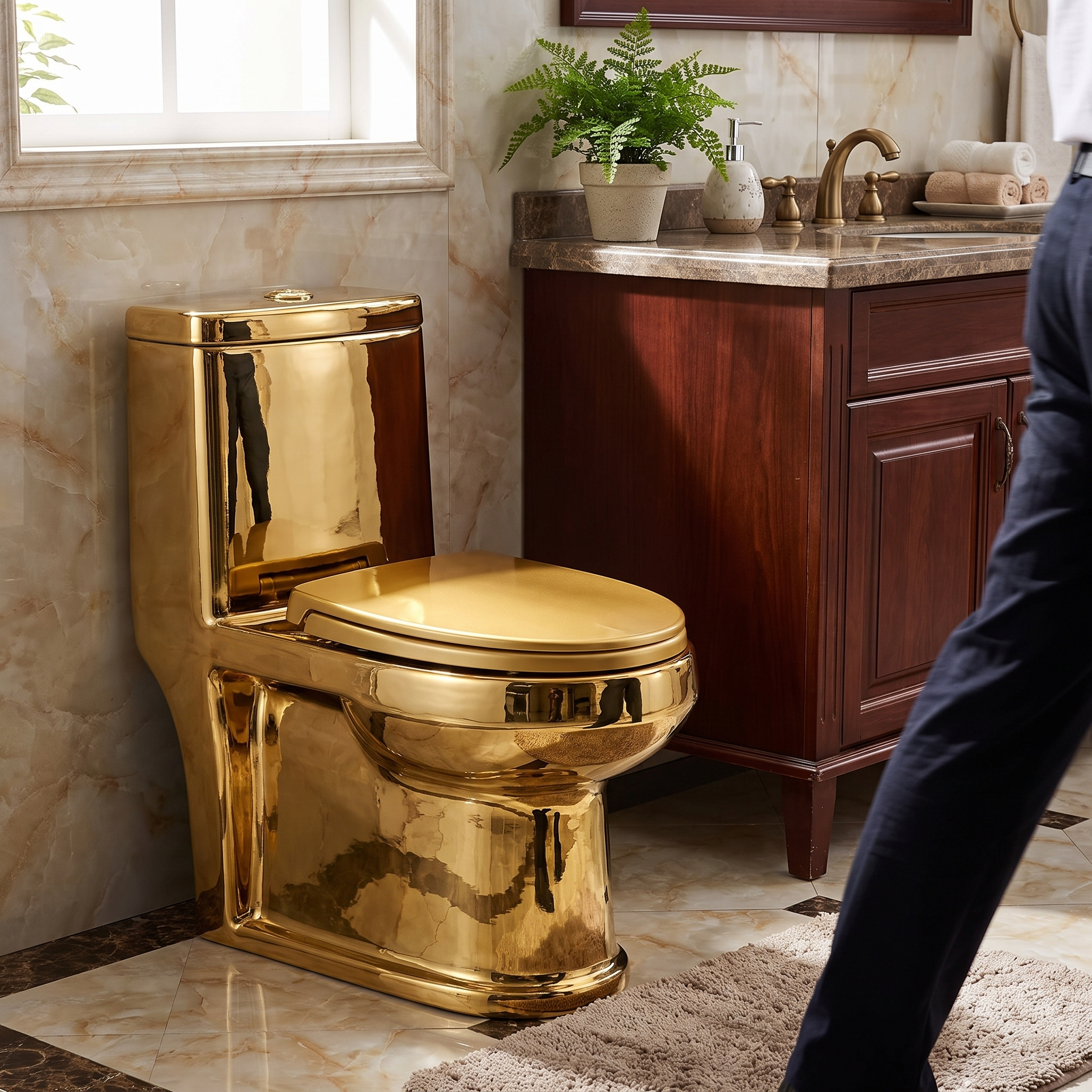 One-Piece Floor-Mounted Gold-Colored Ceramic Toilet Lifestyle