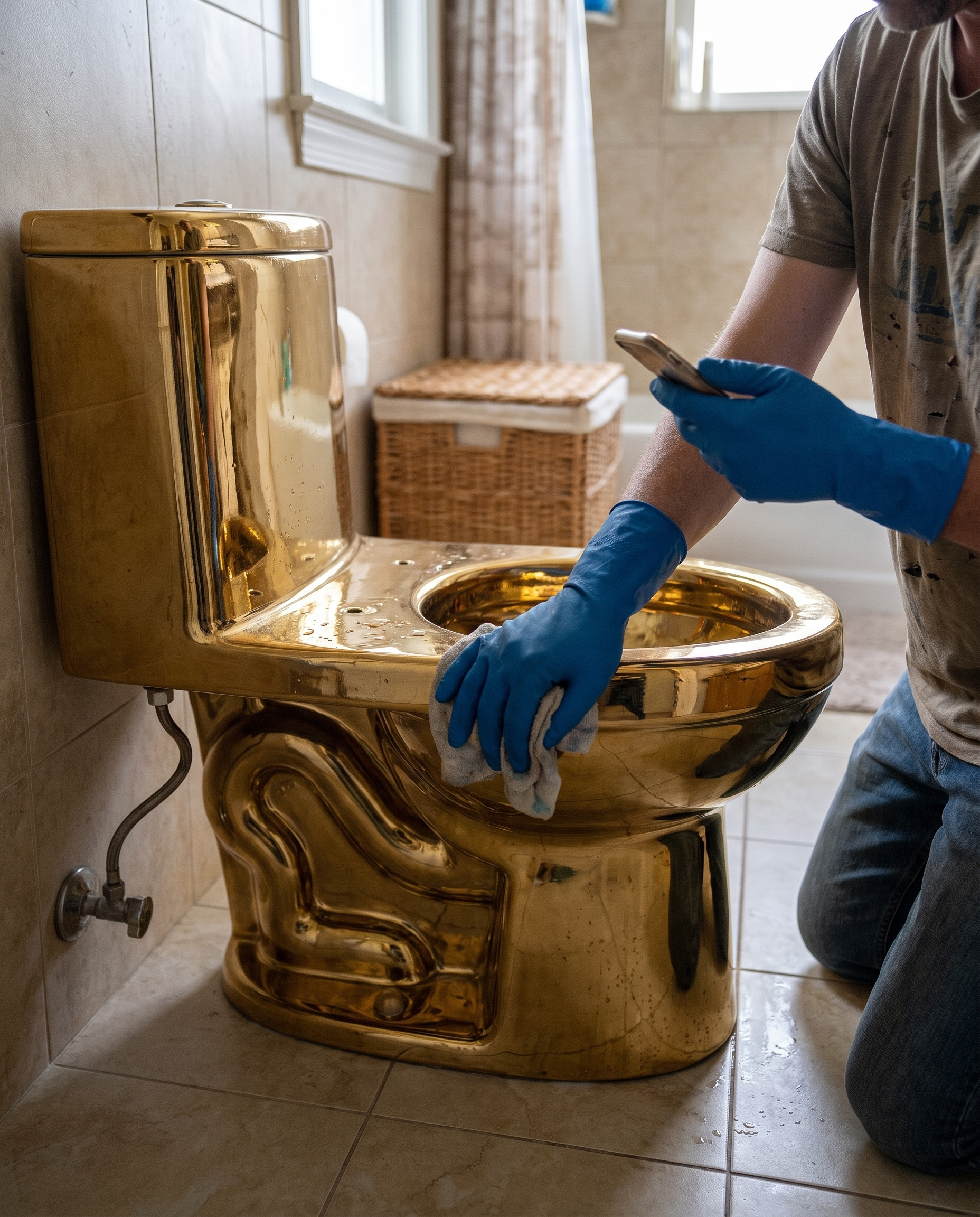One-Piece Floor-Mounted Gold-Colored Ceramic Toilet in Use