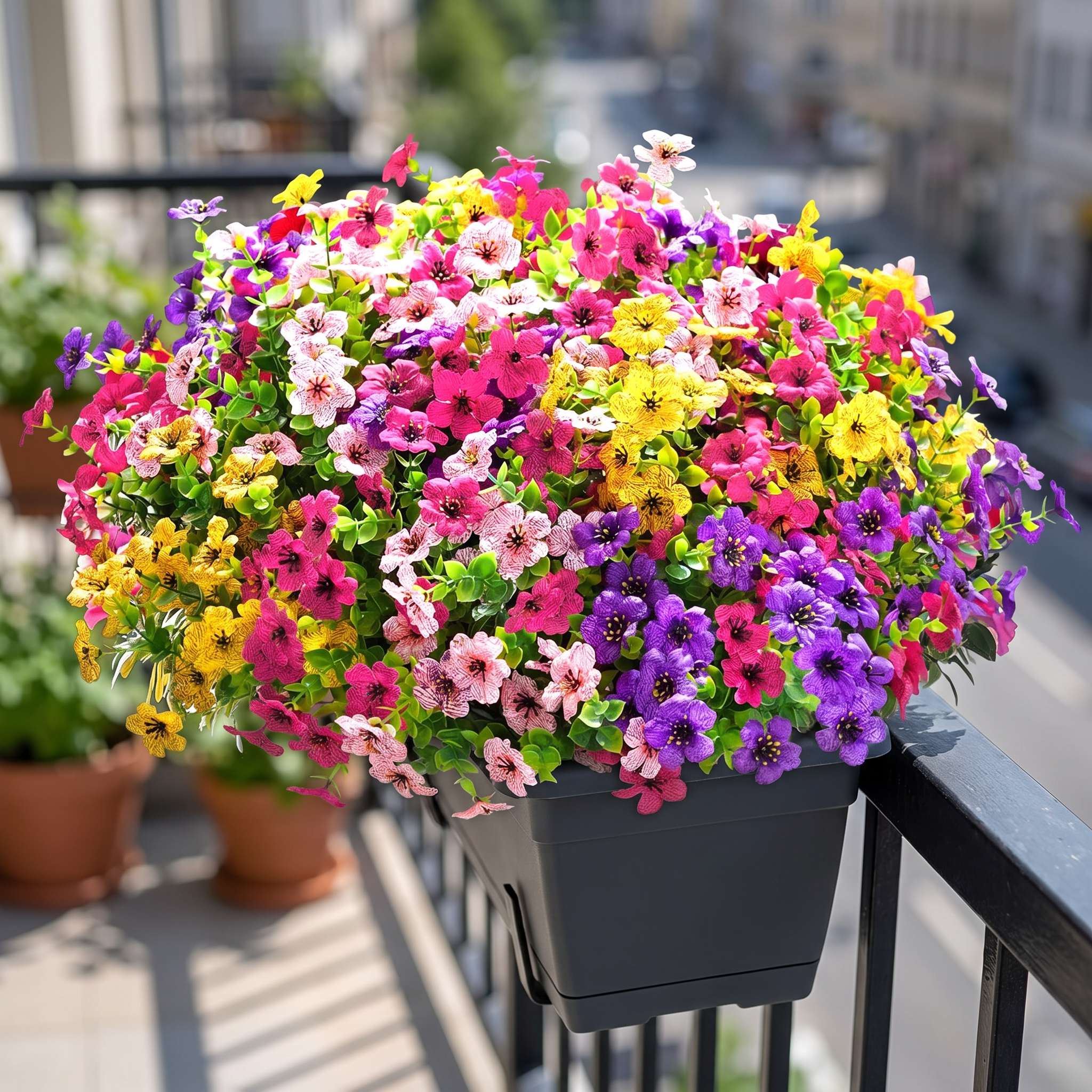 Kunstbloemen in een balkonbak in de zon
