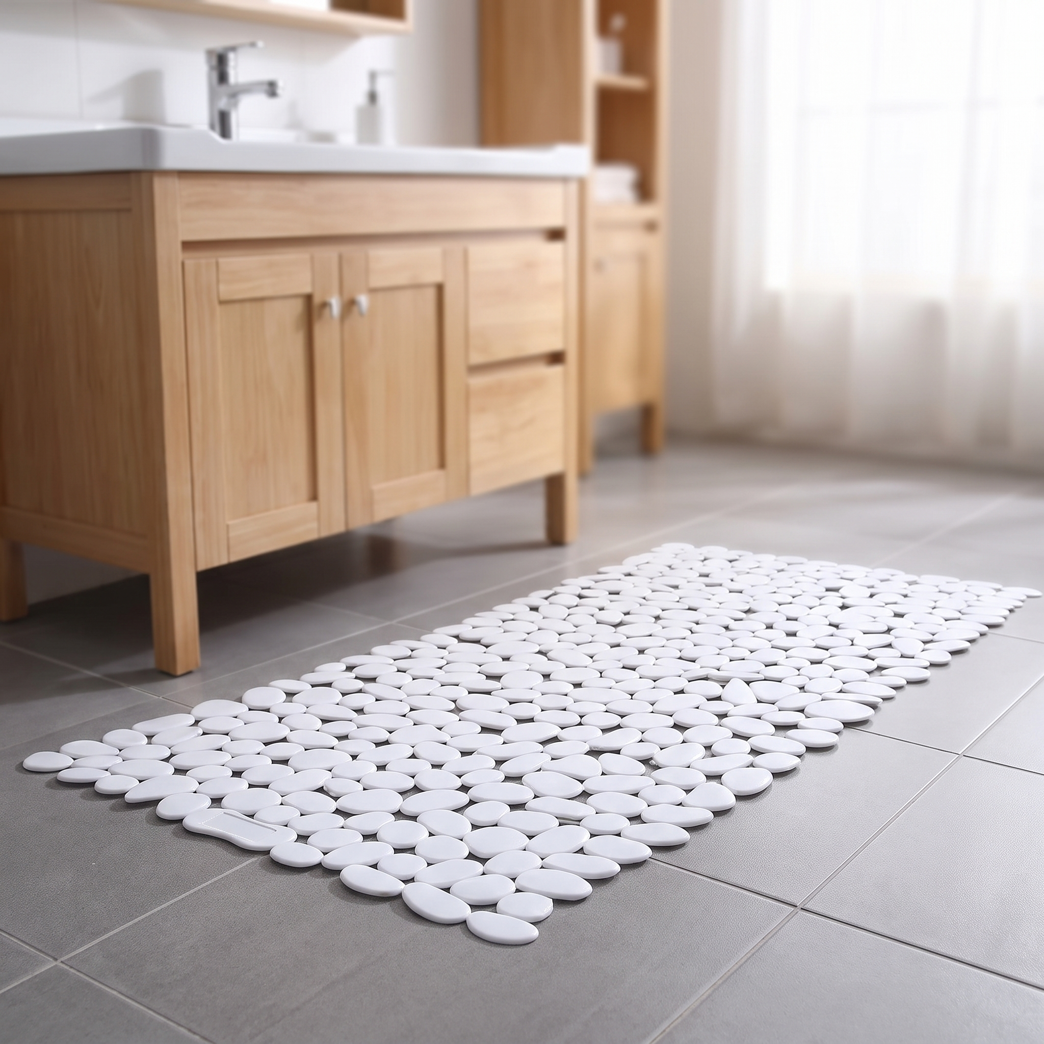 Antislip badmat van 88x40 cm op een betegelde badkamervloer