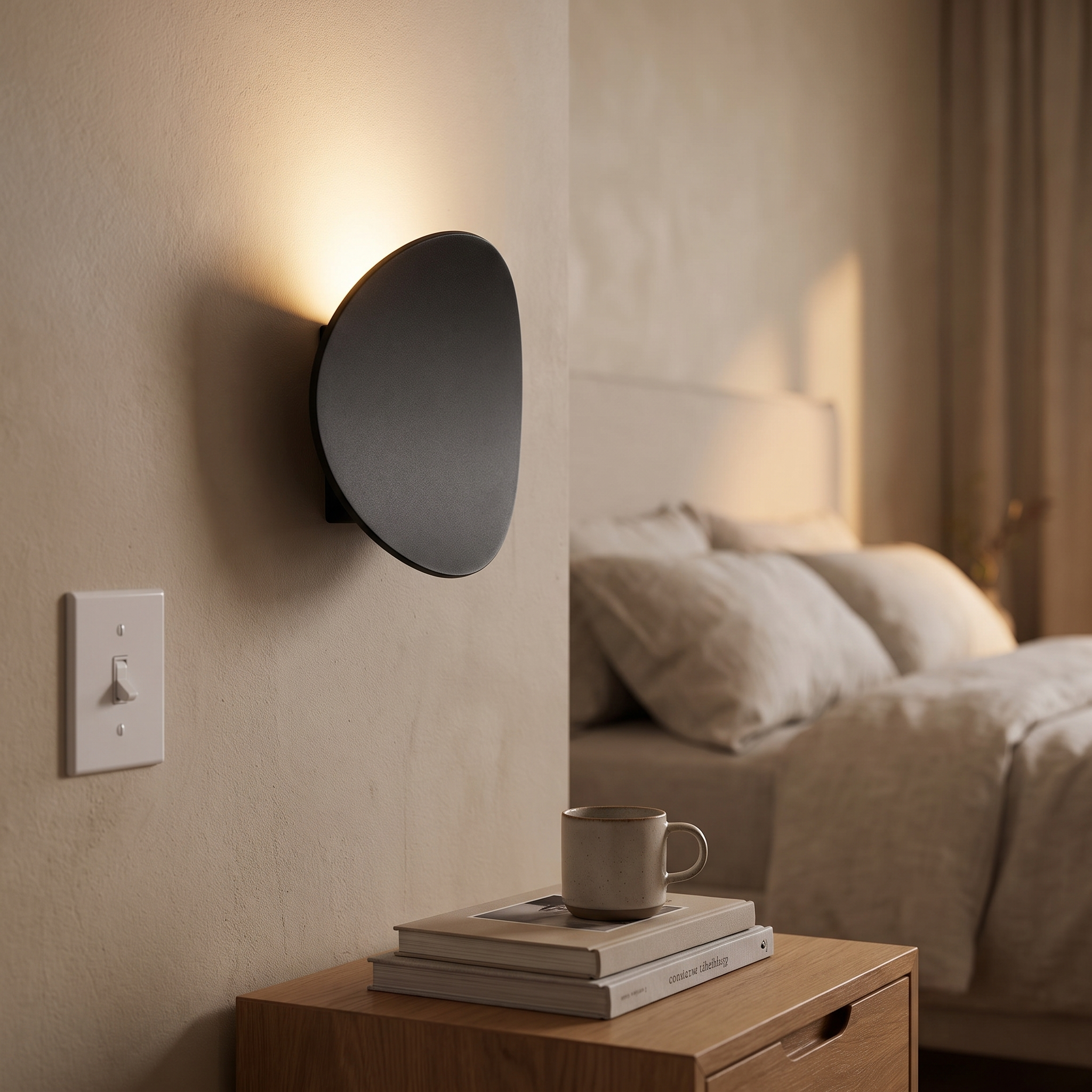 Round aluminum wall lamp above a nightstand in a bedroom