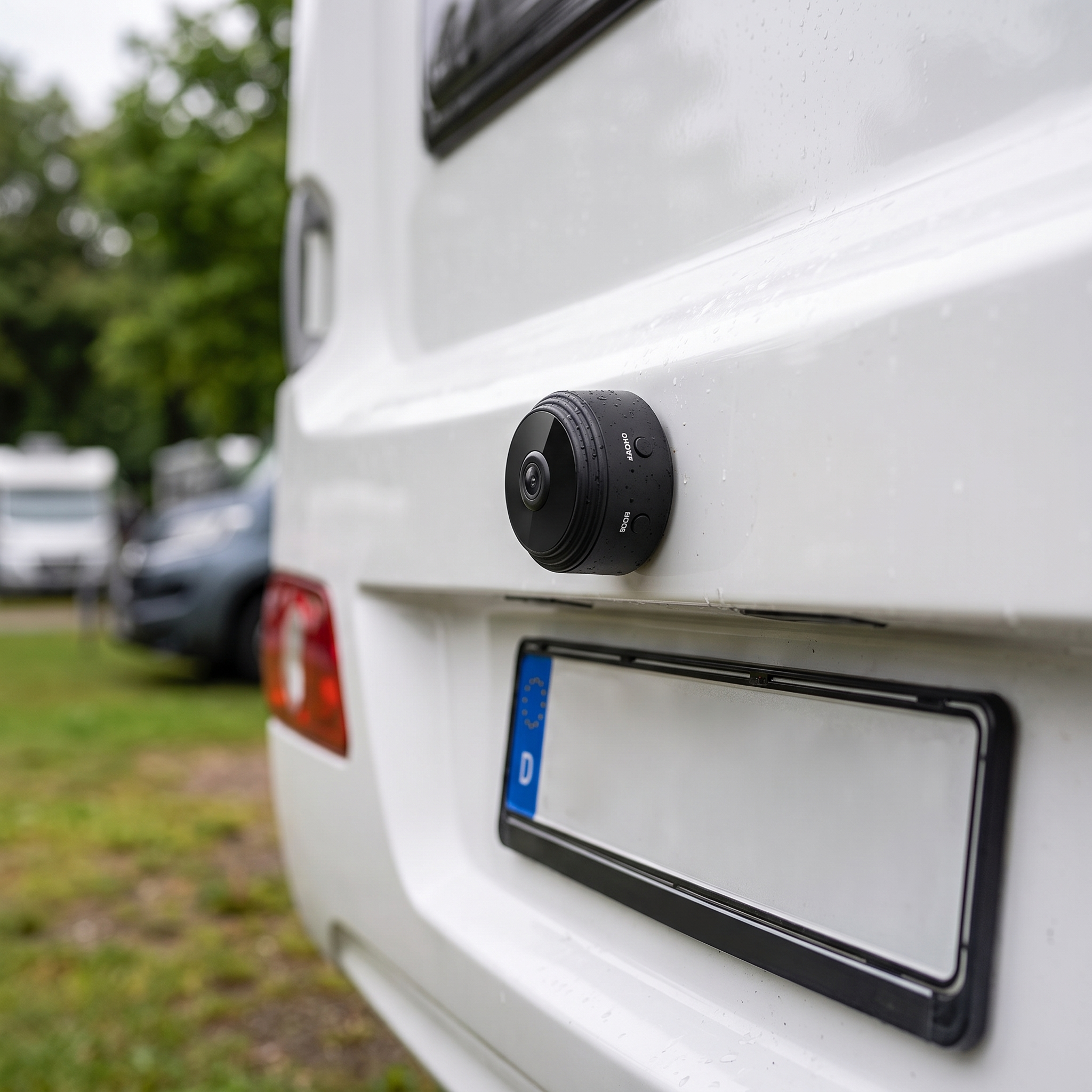 Draadloze achteruitrijcamera magnetisch bevestigd op de achterkant van een caravan