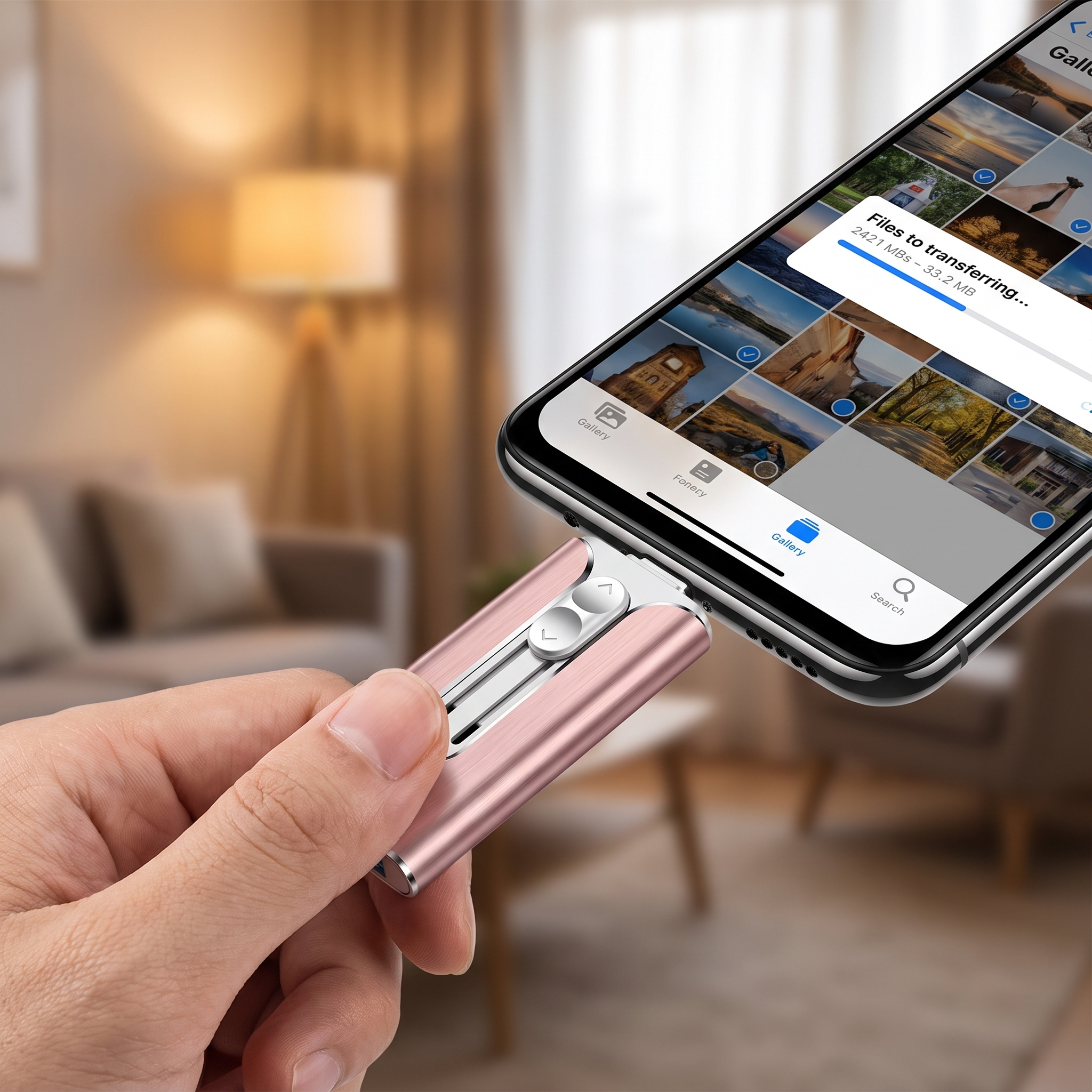 Metalen USB stick in de poort van een smartphone