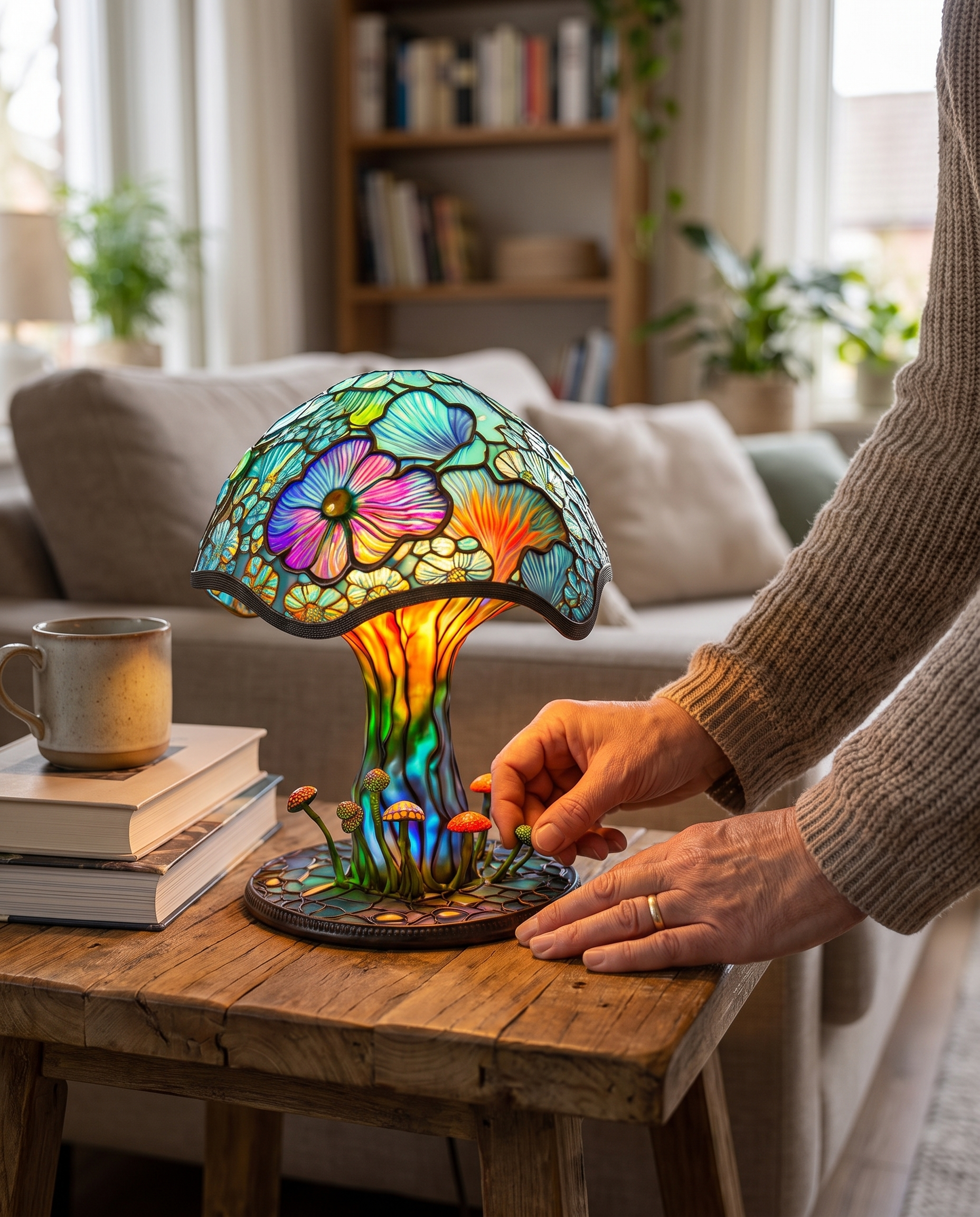 Dimmable Table Lamp with Stained Glass Effect in use
