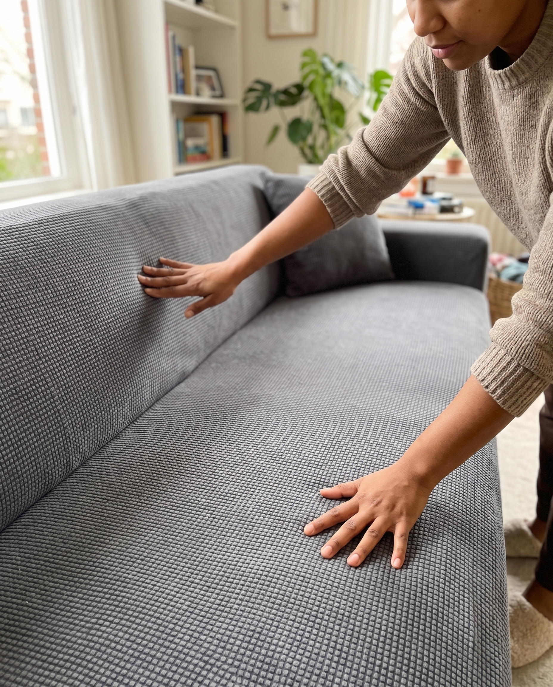 Sofaschutz mit rutschfestem, luxuriösem geripptem Sofabezug im Gebrauch