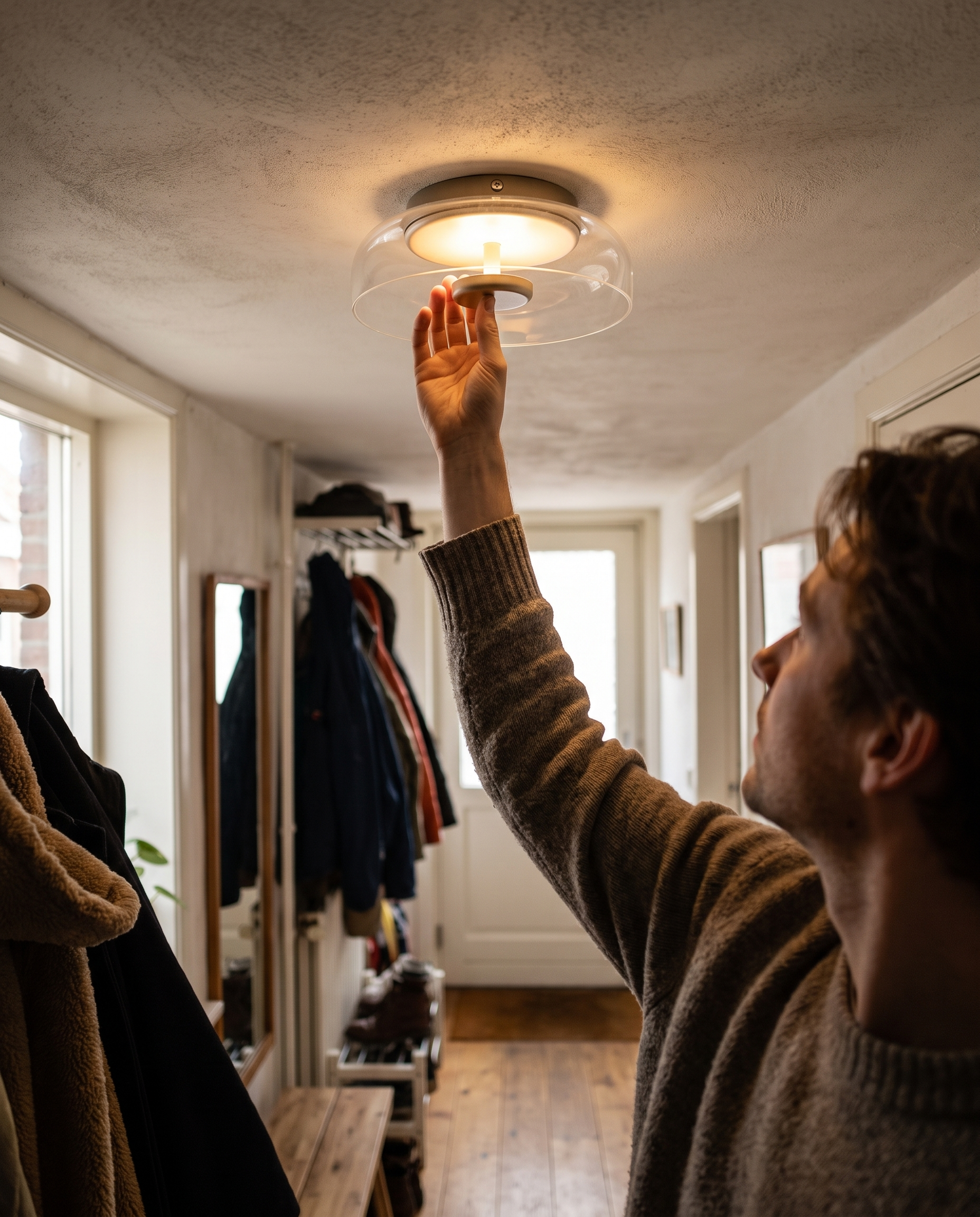 Glass Ceiling Light with Half-Shell Design and LED in Use