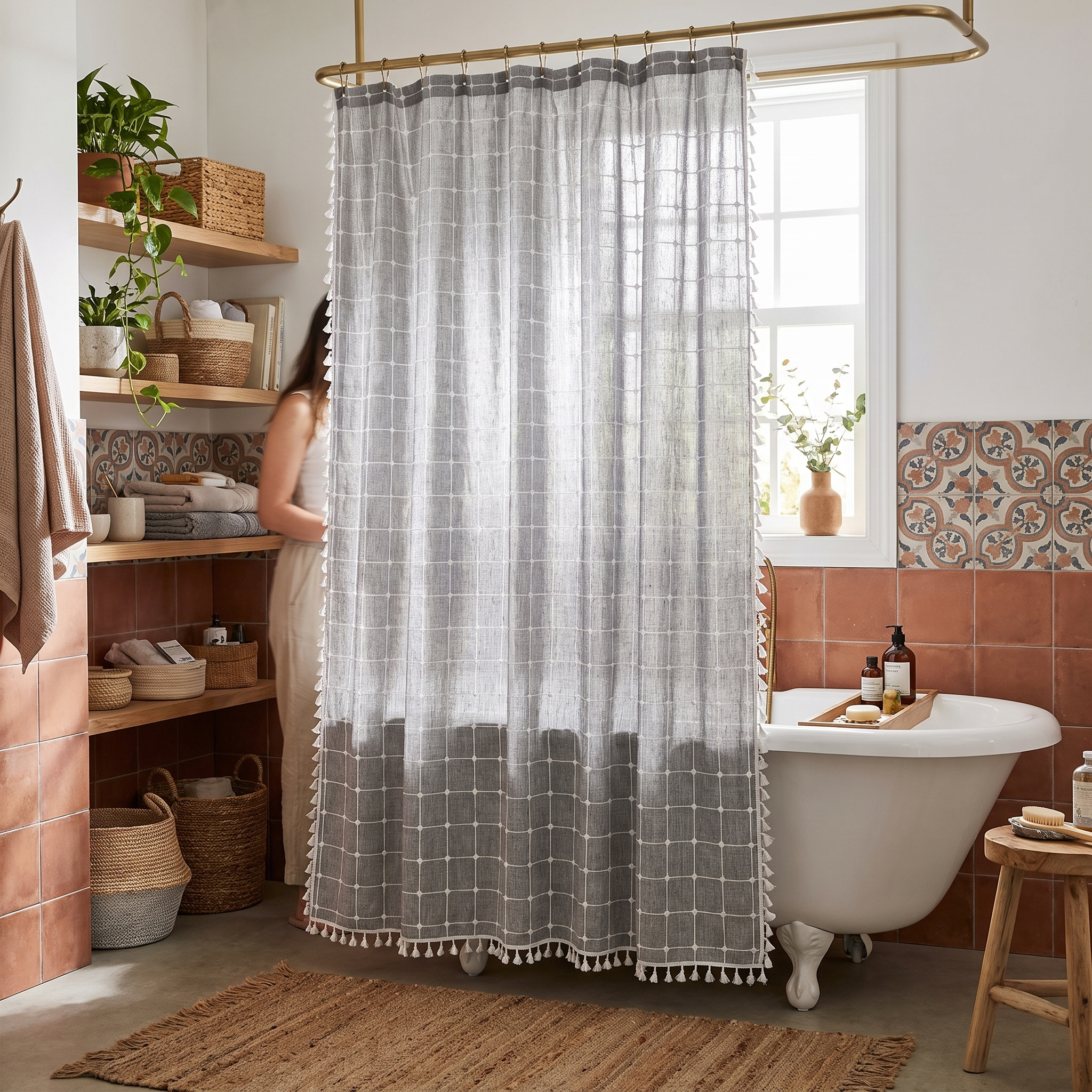 Douchegordijn Linnen Bohemian Waterproof Kwastjes lifestyle