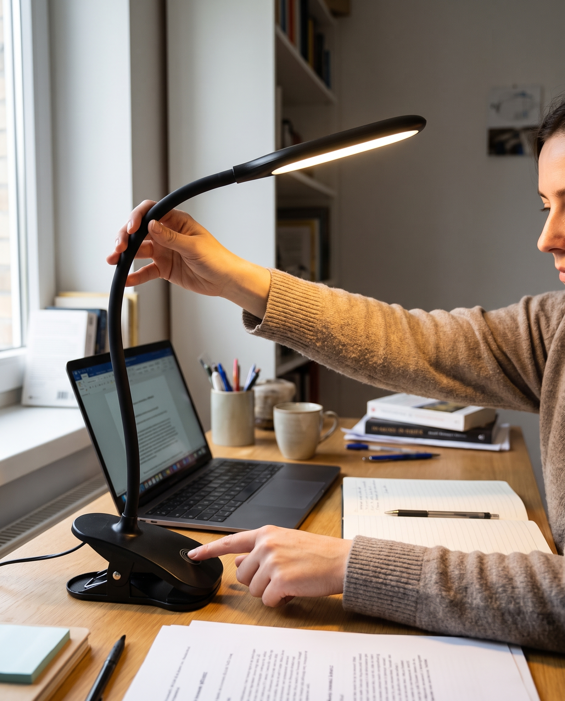 Bureaulamp Dimbaar LED 3 Lichtkleuren Zwanenhals Klem in gebruik