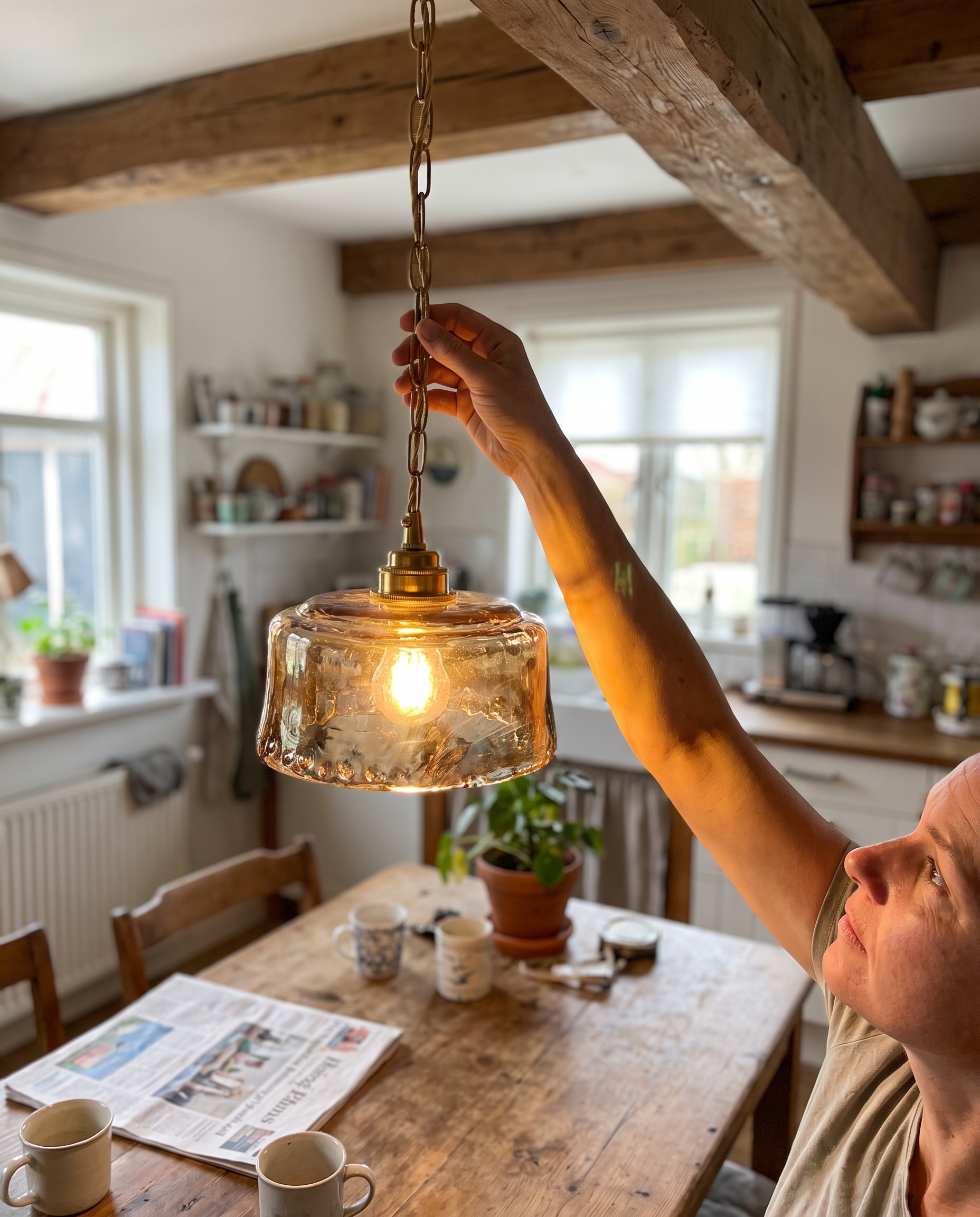 Suspension rustique en laiton avec verre d’albâtre ambré en situation