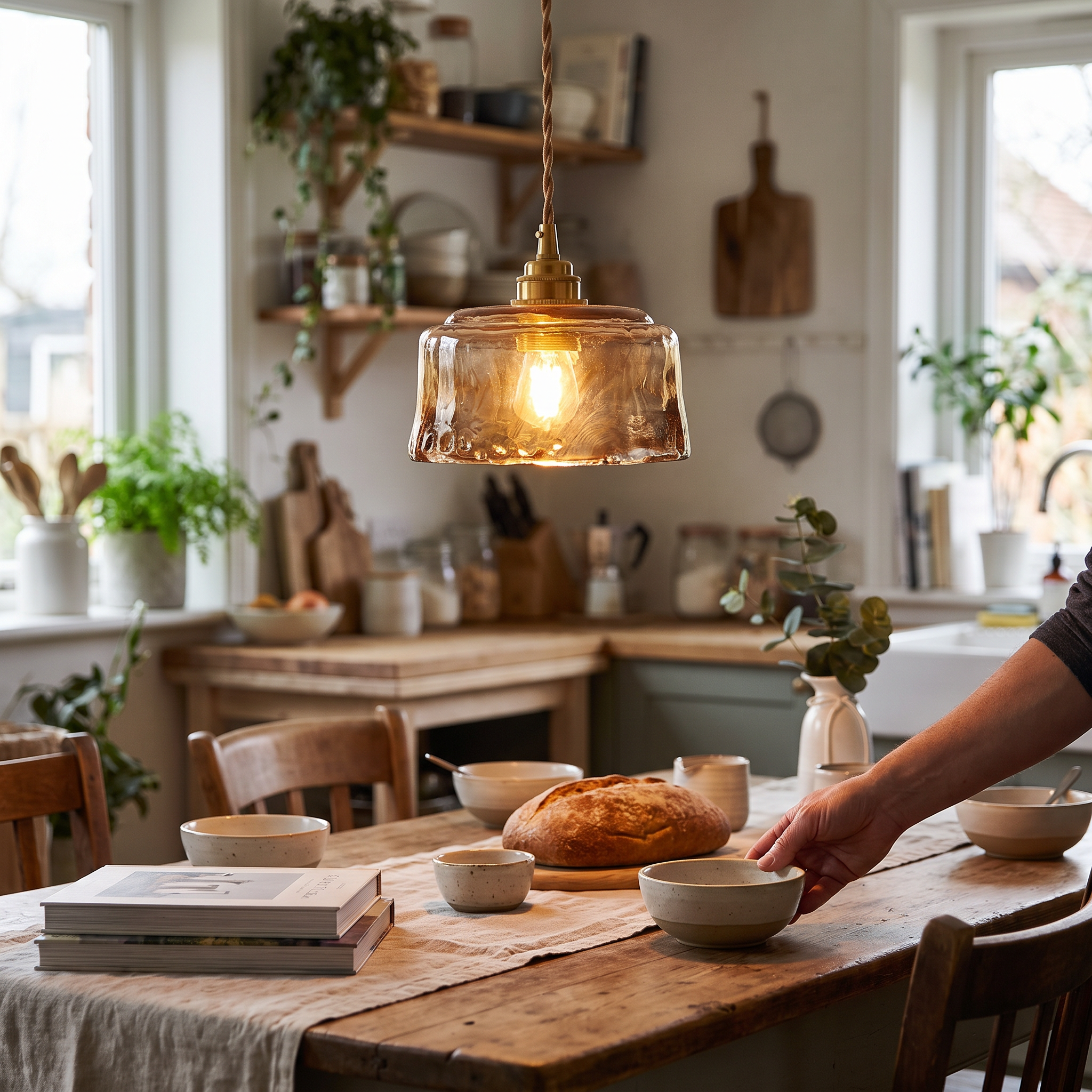 Suspension rustique en laiton avec verre d’albâtre ambré dans un intérieur