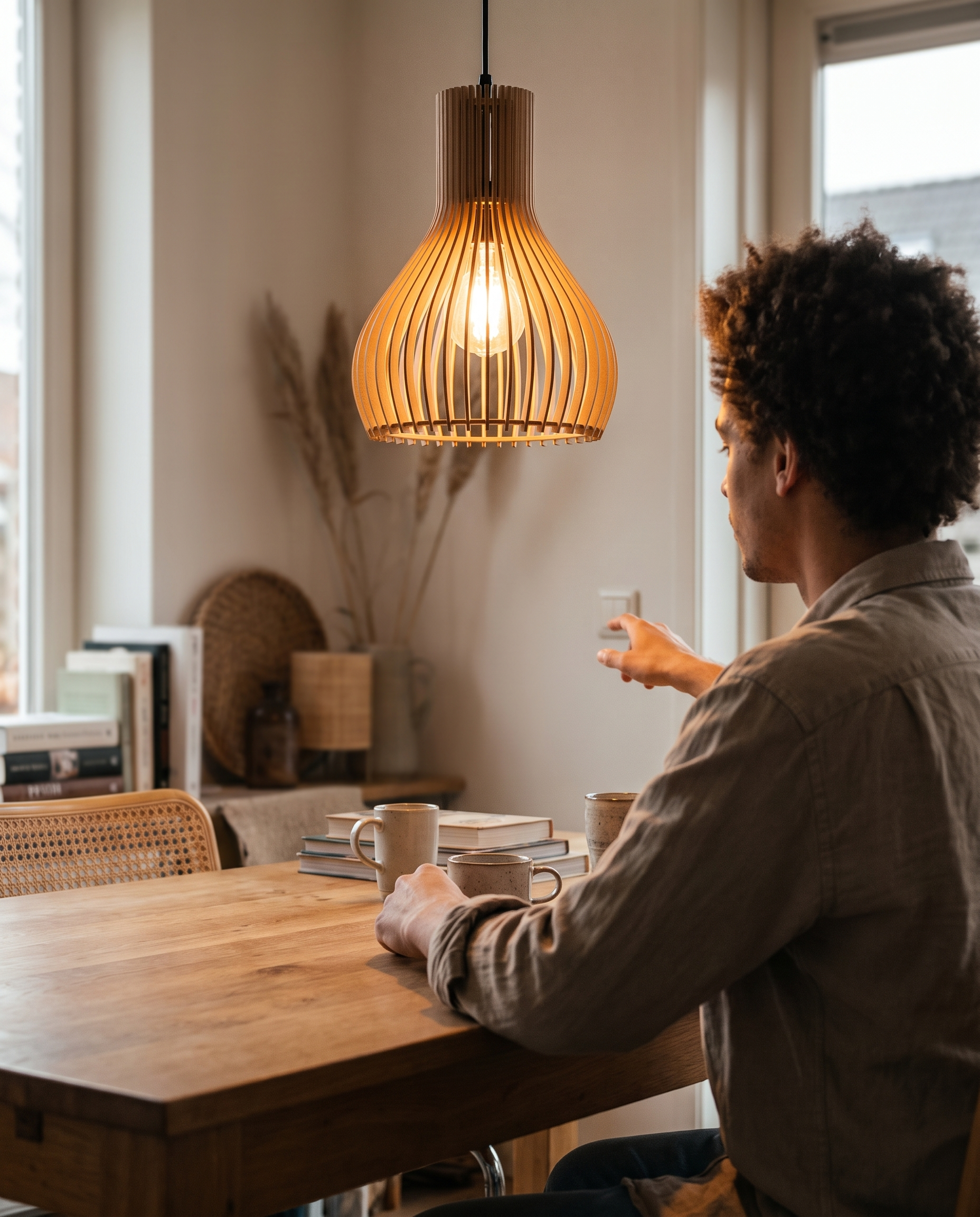 Houten Hanglamp Vintage Design Met Lamellen in gebruik