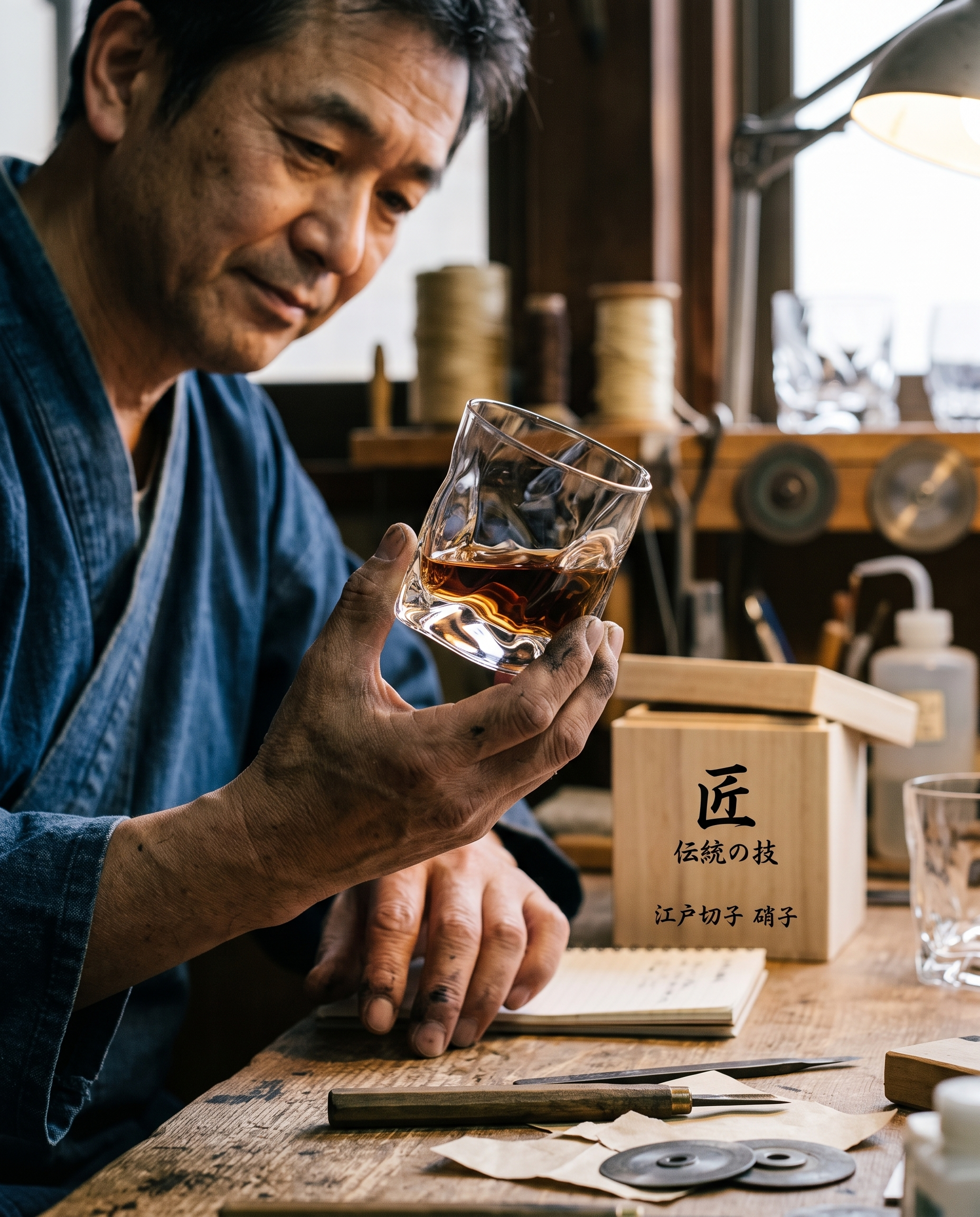 Edo Kiriko whiskyglas in gebruik