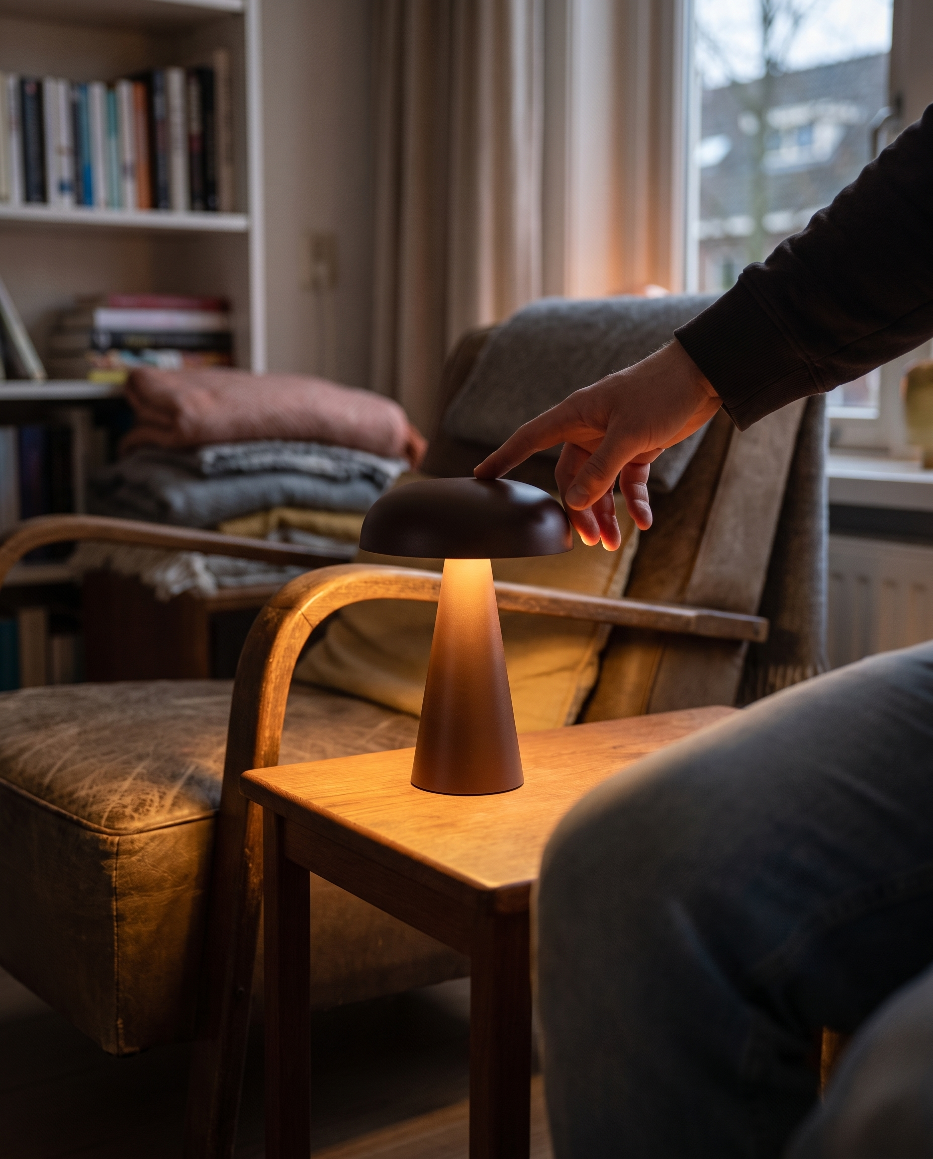 Tafellamp Paddenstoel Metaal Goud Draadloos in gebruik