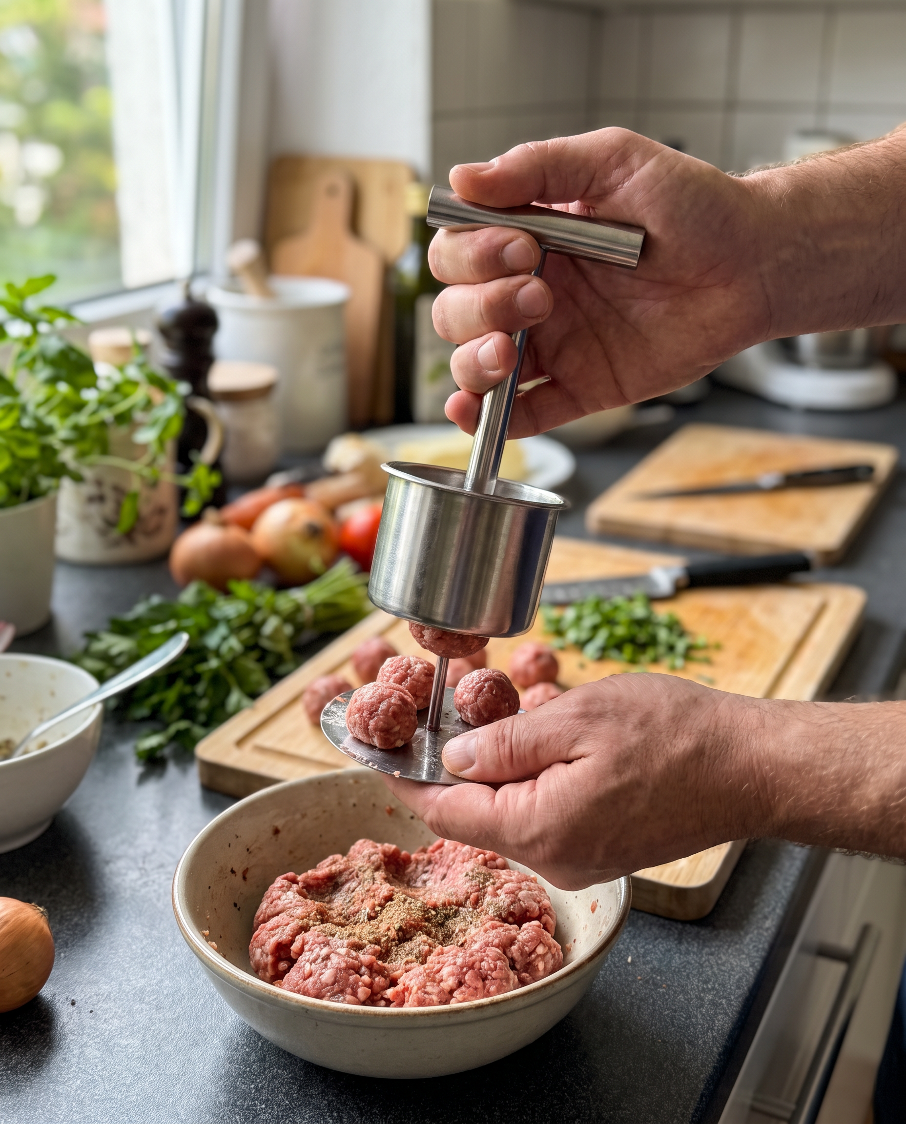 RVS gehaktballenmaker voor gehaktballen, vleesballetjes en falafel in gebruik