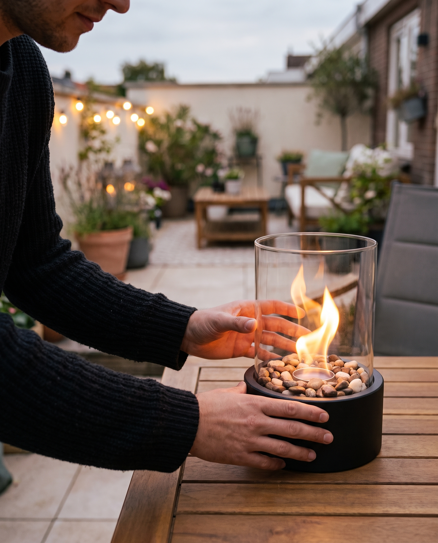 Moderner Bioethanol-Tischkamin mit Glaszylinder und rauchfreier Flamme in Gebrauch