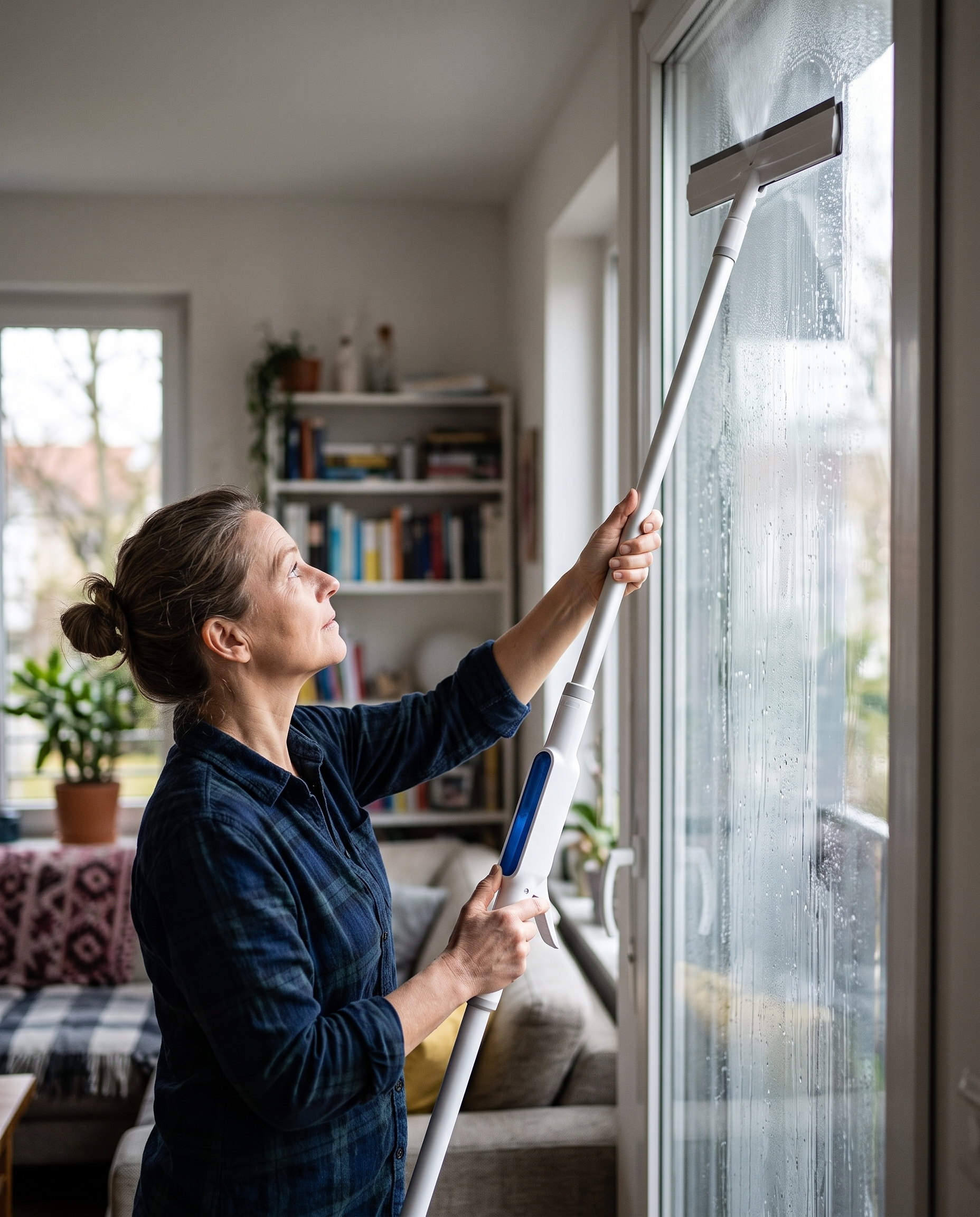 Nettoyeur de vitres avec manche télescopique et spray 3-en-1 pivotant de 130 cm en utilisation