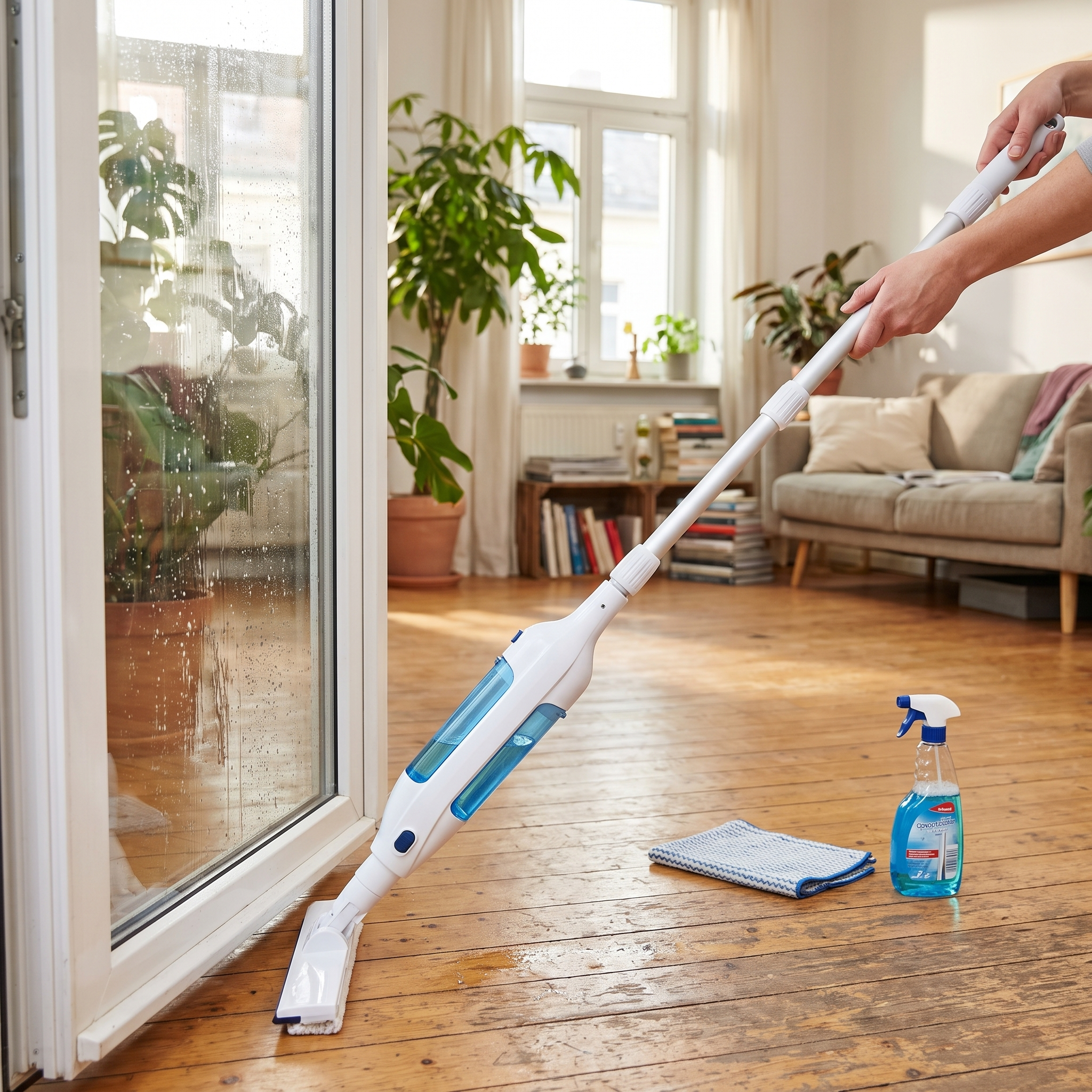 Nettoyeur de vitres avec manche télescopique et spray 3-en-1 pivotant de 130 cm